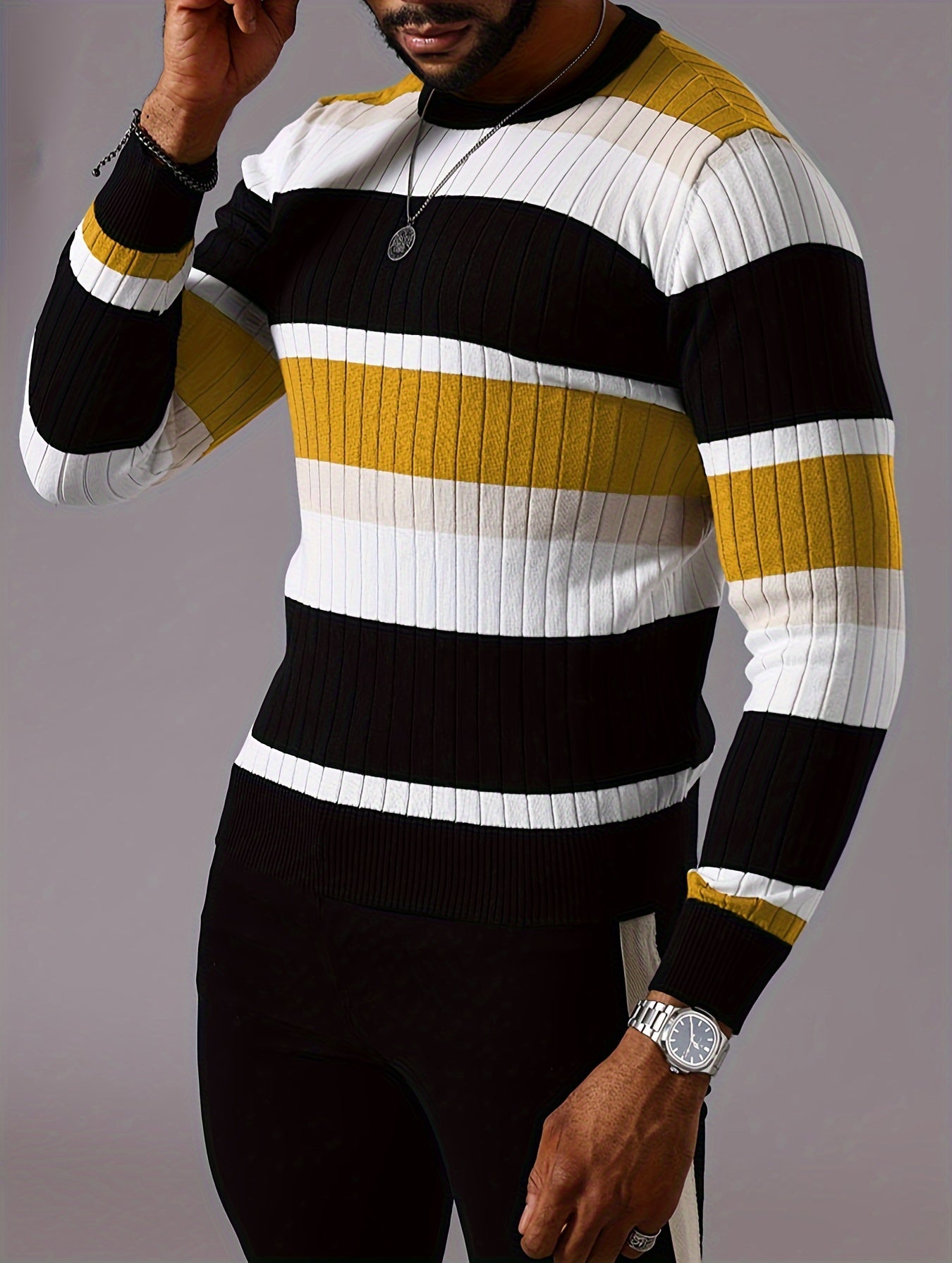 Men's Color Block Knitted Pullover, Casual Long Sleeve Crew Neck Sweater For Fall Winter