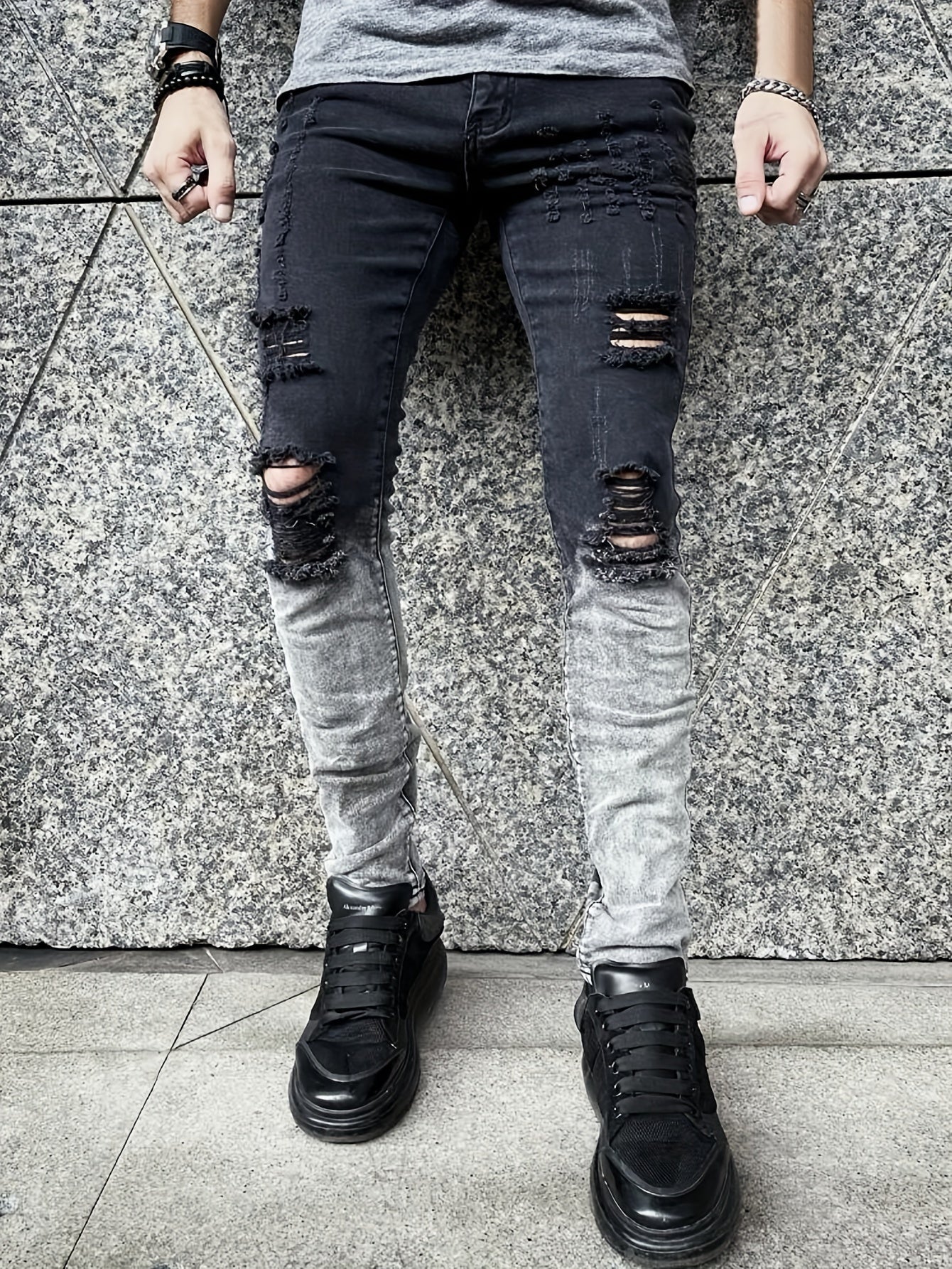 FORUWISH  -  Mens Fashion Ripped Gradient Color Jeans - Stylish Streetwear Denim Pants with Distressed Details, Comfortable Casual Wear for Everyday - Stylish and Trendy