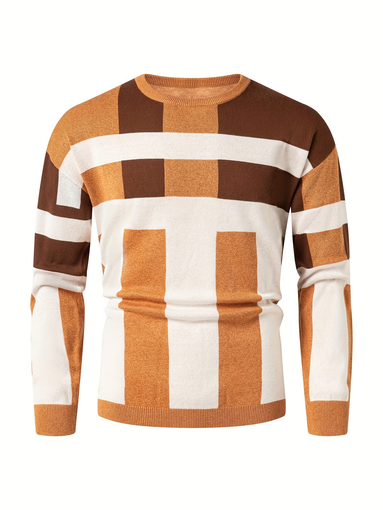 Men's Color Block Round Neck Sweater, Trendy Stretch Warm Pullover For Winter Outdoor