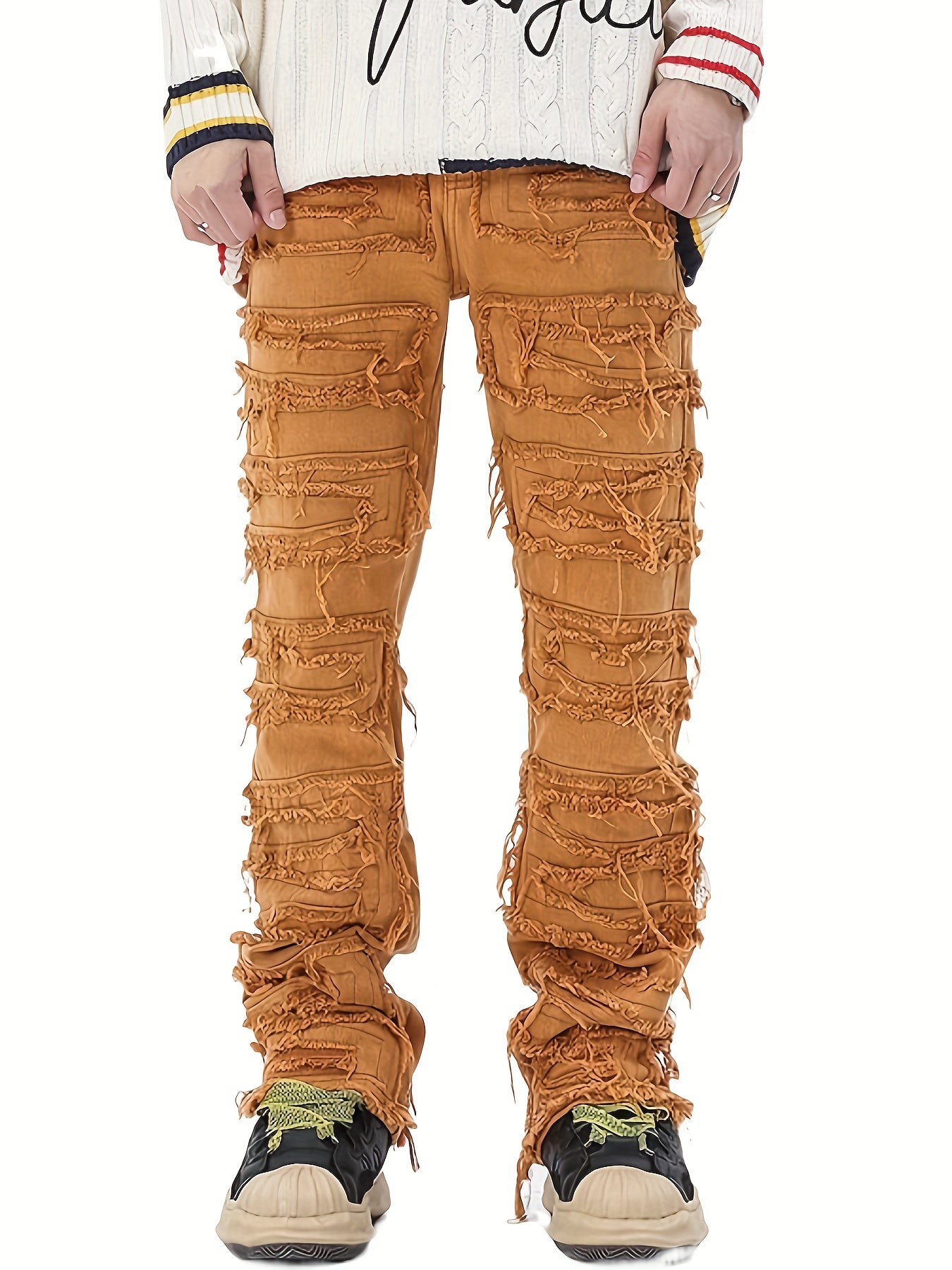 Men's Loose Fit Raw Trim Jeans, Casual Street Style Jeans