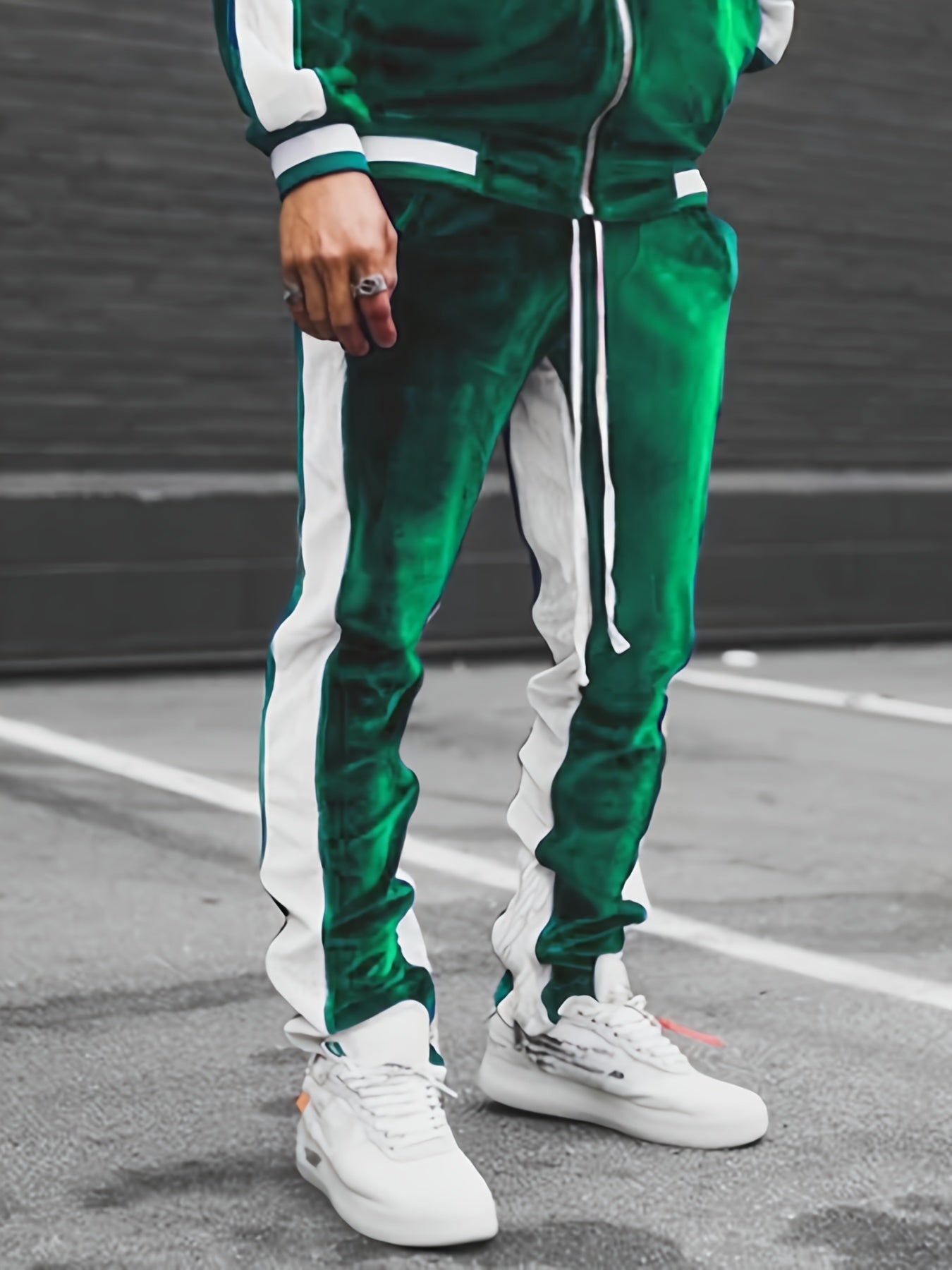 Men's Velvet Track Pants with Side Pockets - Color Block Polyester, Casual Style, Knit Fabric with Slight Stretch, Regular Fit