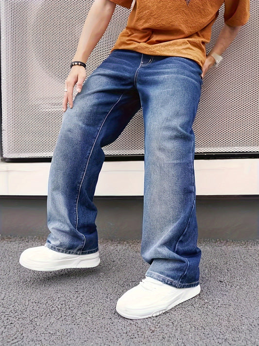 Men's Fashion Casual Jeans, Loose Fit Wide Leg Distressed Denim Pants, Street Style