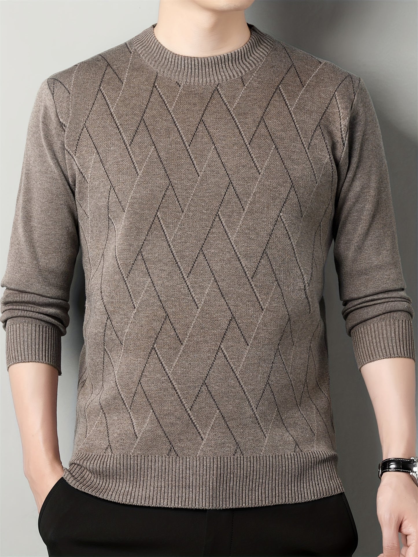 Men's Stylish Geometric Pattern Knitted Pullover, Casual Breathable Long Sleeve Crew Neck Top For City Walk Street Hanging Outdoor Activities