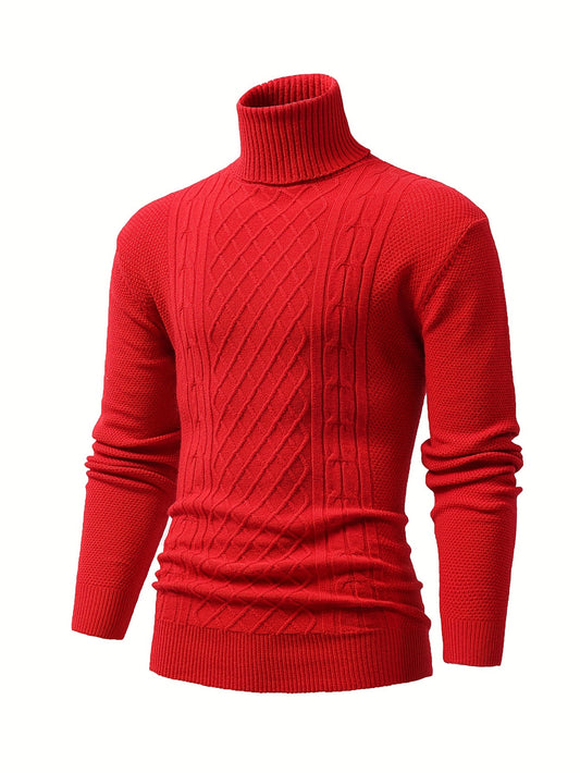 Turtle Neck Knitted Cable Sweater, Men's Casual Warm Solid High Stretch Pullover Sweater For Fall Winter