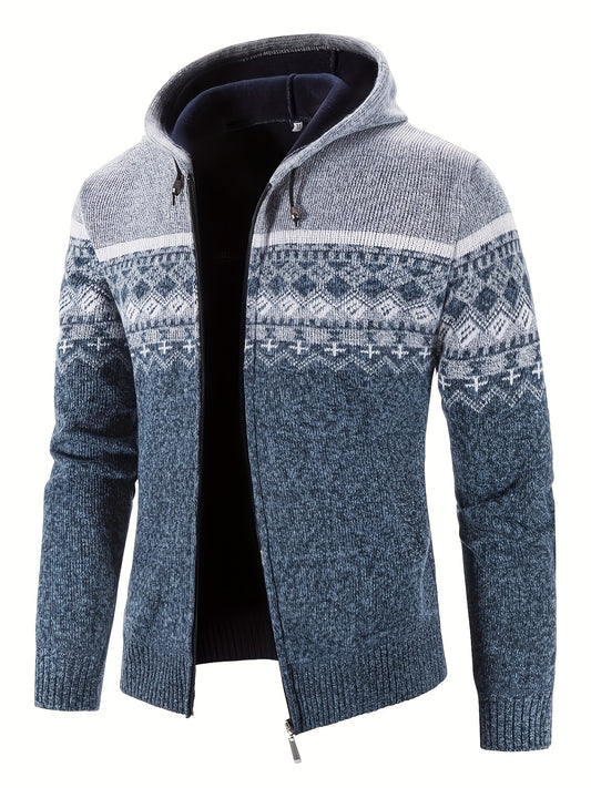 All Match Knitted Color Block Design Hooded Cardigan, Men's Casual Warm Slightly Stretch Zip Up Jacket For Fall Winter