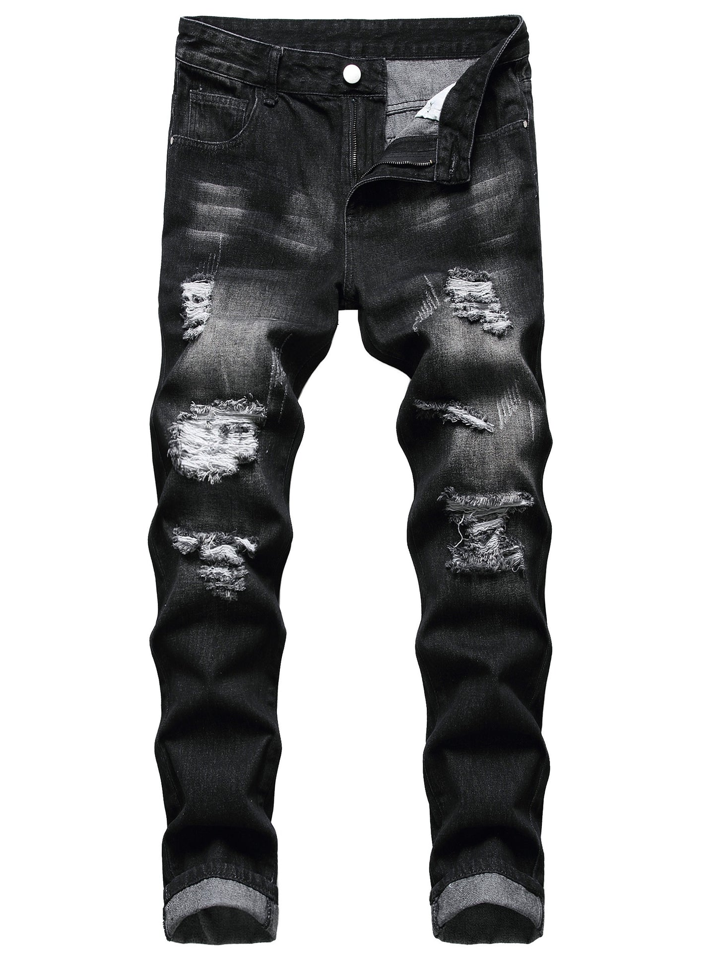 Mens Ripped Jeans - Extremely Ripped and Distressed for a Fashionably Worn Look, Artfully Destroyed Details, Slim Fit, Straight Leg, High-Quality Denim Material - Perfect for Fashion-Forward Men