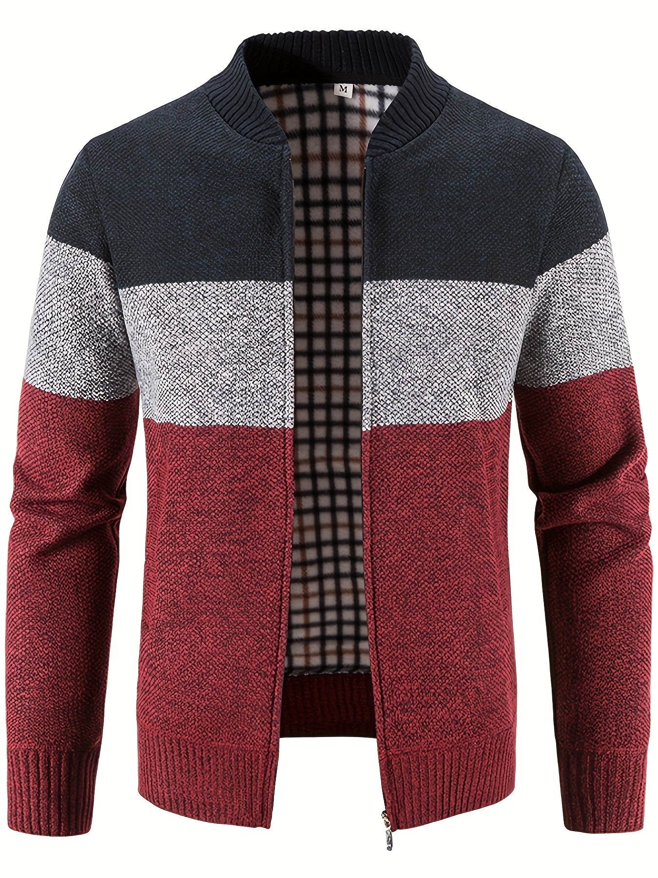 Warm And Thick Fleece Jacket For Male, Men's Casual Comfy Color Block Mid Stretch Zip Up Knit Cardigan For Winter And Fall