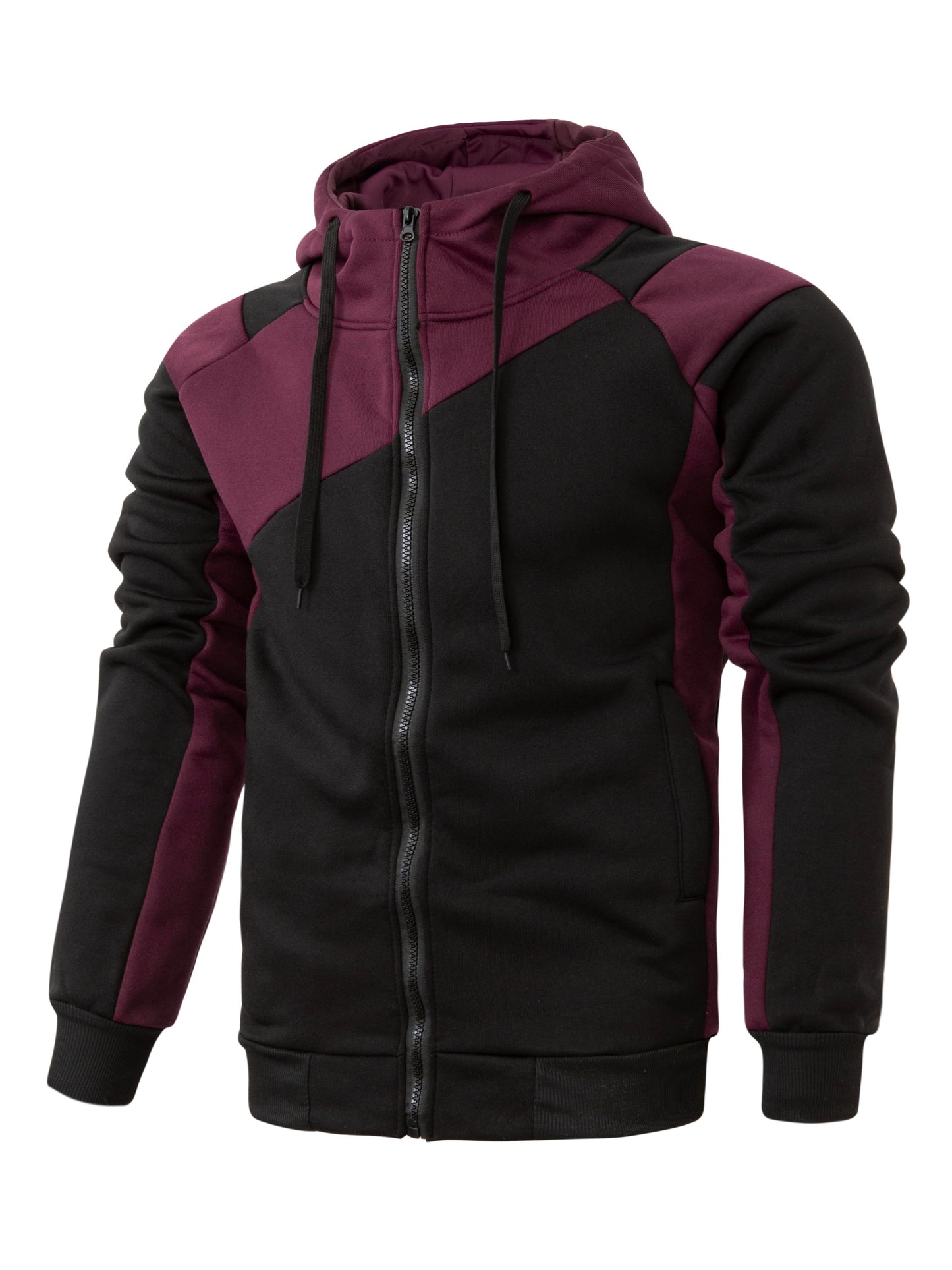 Long Sleeves Men's Color Block Fleece Sweatshirt with Pockets, Zipper Hooded Drawstrings