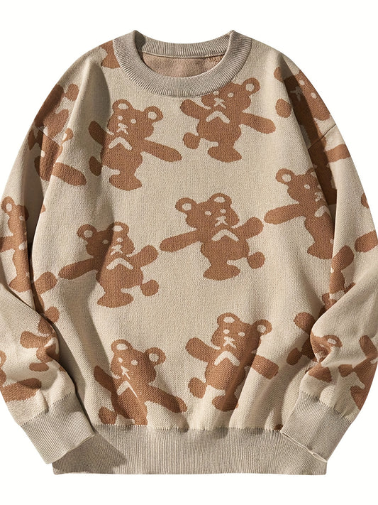 Cozy Cute Bear Pattern Pullover Sweater for Men - Warm and Trendy Couple Clothing for Winter - Soft, Breathable, and Comfortable Sweaters