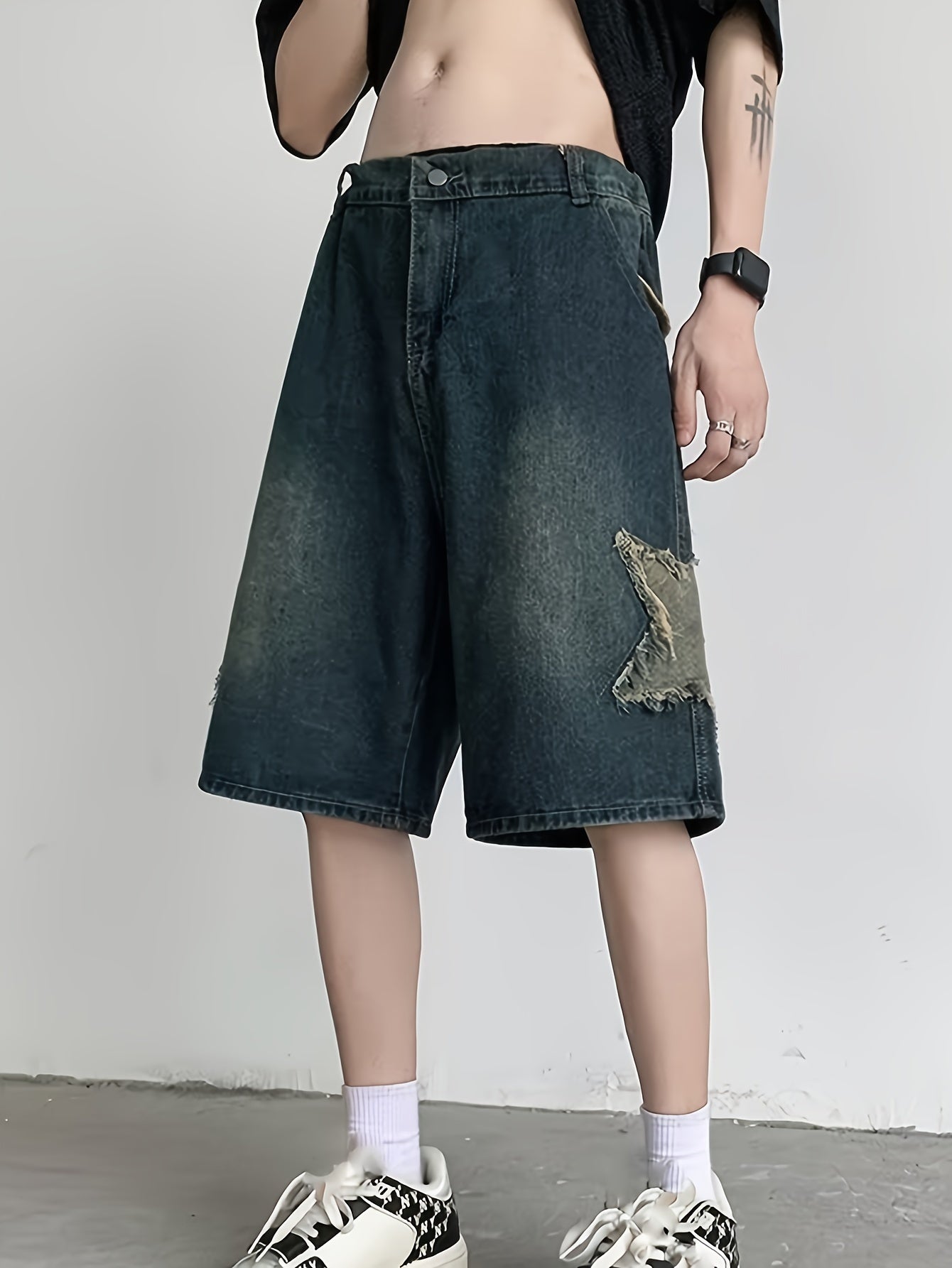 Fashion Embroidery Detail, Men's Casual Loose Fit Denim Shorts, Knee-Length Jorts With Pockets, Summer Street Style Fashion