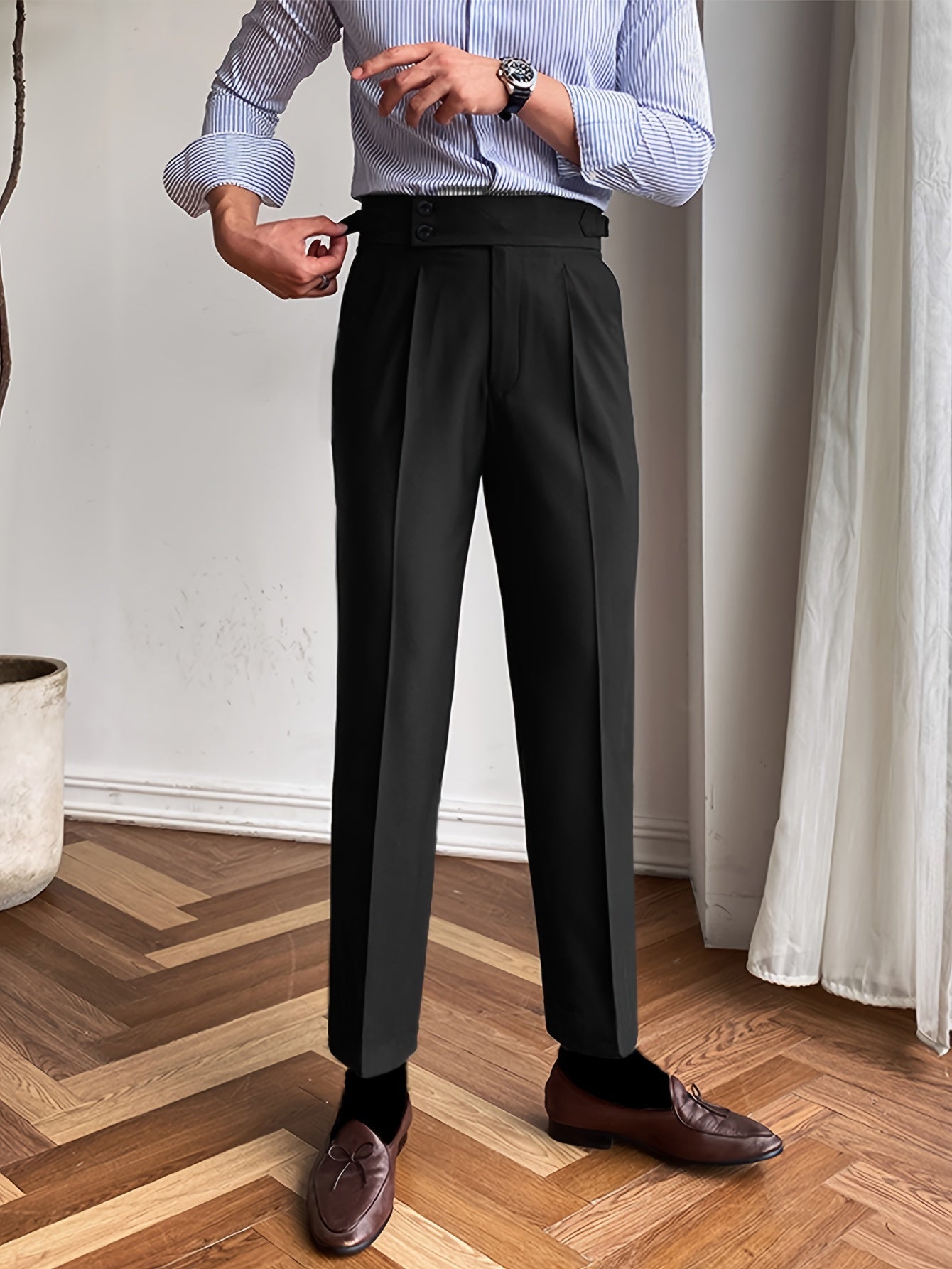 1pc Men's Italian Paris Buckle Design Slim Fit Casual Business Trousers, Solid Color, Polyester Blend, All-Season, Button Detail, Woven Fabric