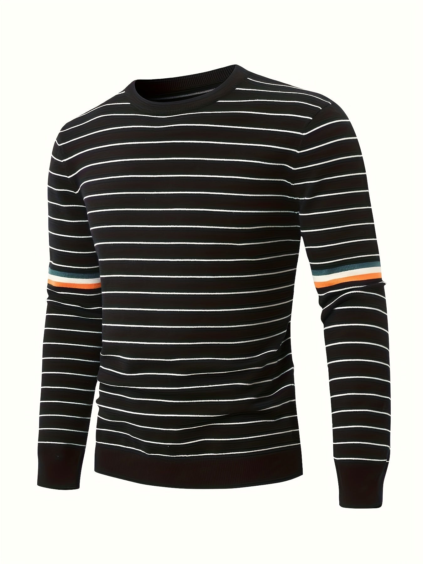 Mens Slim-Fit Striped Knit Crew Neck Sweater - Soft Medium Stretch Polyester Fabric, Casual Long Sleeve Design for Fall Winter - Machine Washable, Easy Care