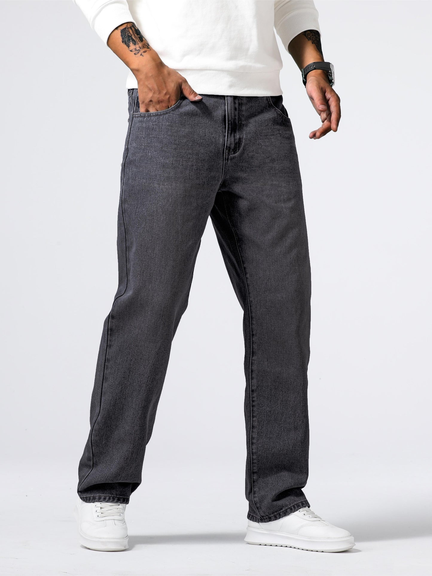 Relaxed Fit Straight Leg Jeans - Soft Washed Non-Stretch Denim, Casual Street Style Pants for Adults, All-Season Comfortable Wear with Solid Color and Regular Length