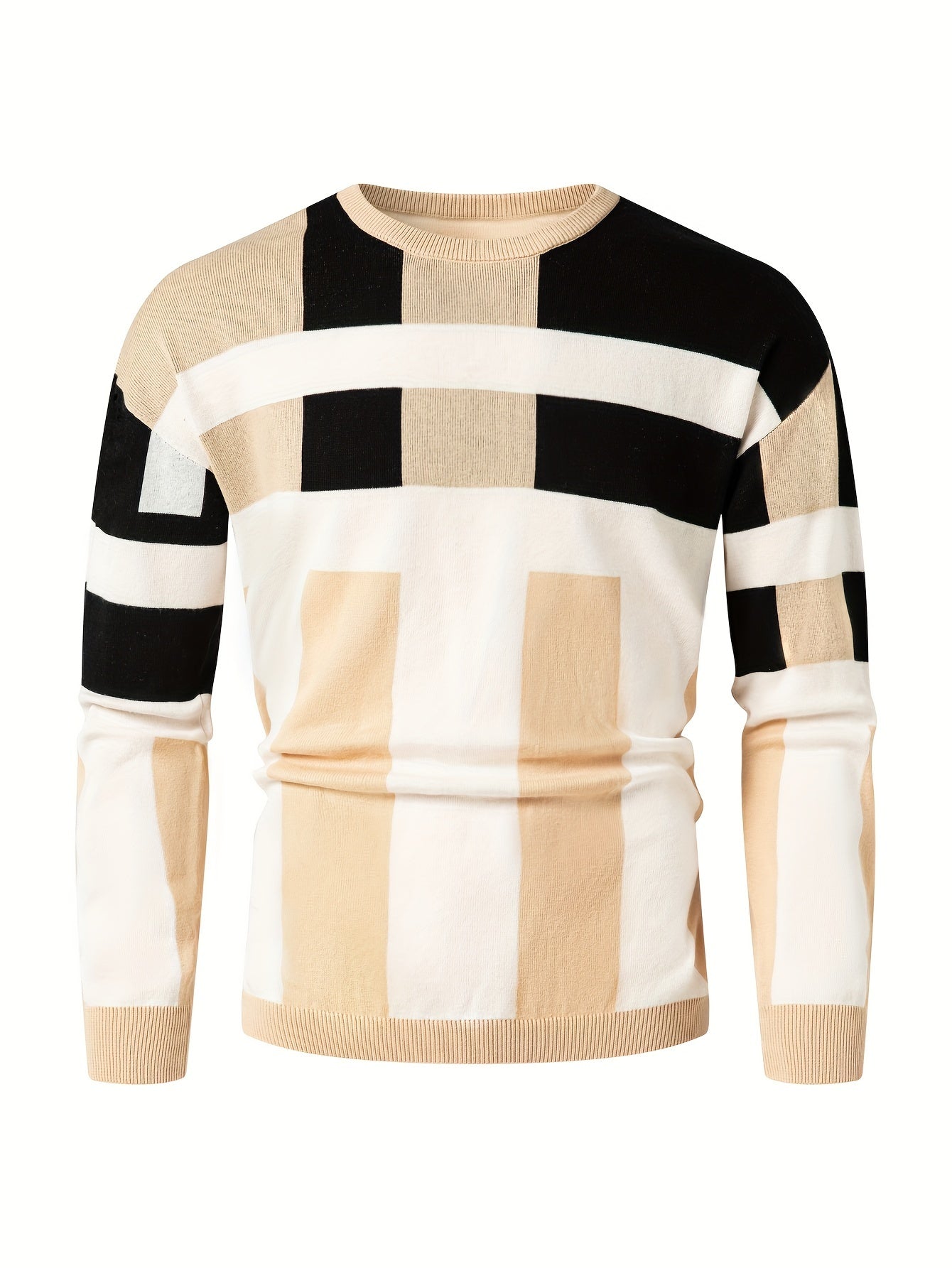 Men's Color Block Round Neck Sweater, Trendy Stretch Warm Pullover For Winter Outdoor