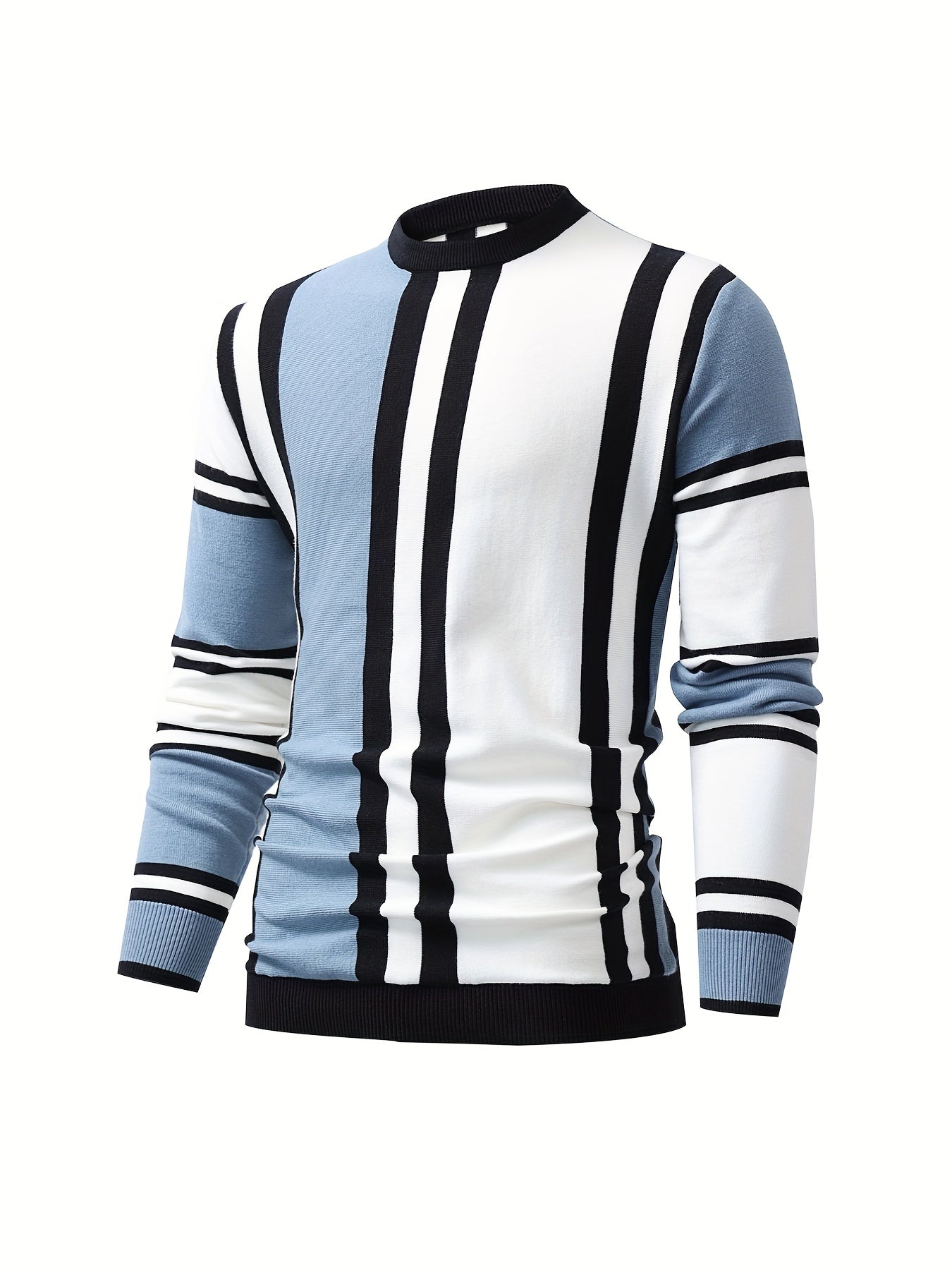 Color Block Design Chic Sweater, Men's Casual Warm High Stretch Crew Neck Pullover Sweater For Fall Winter