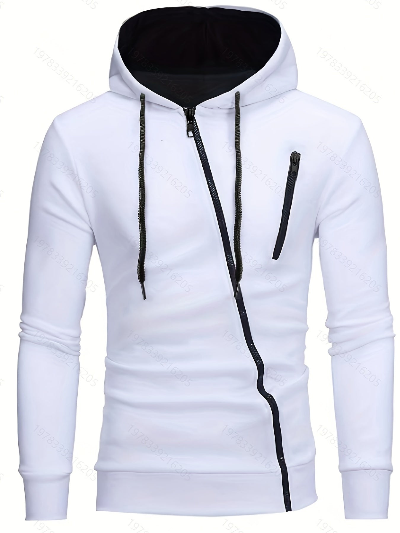 Mens Asymmetrical Zipper Hooded Sweatshirt - Zip-Up Drawstring Coat with Zipper Pockets, Medium Stretch Polyester Fabric, Solid Color, Regular Fit, Hand Wash Only, Perfect for Spring and Fall Casual Wear