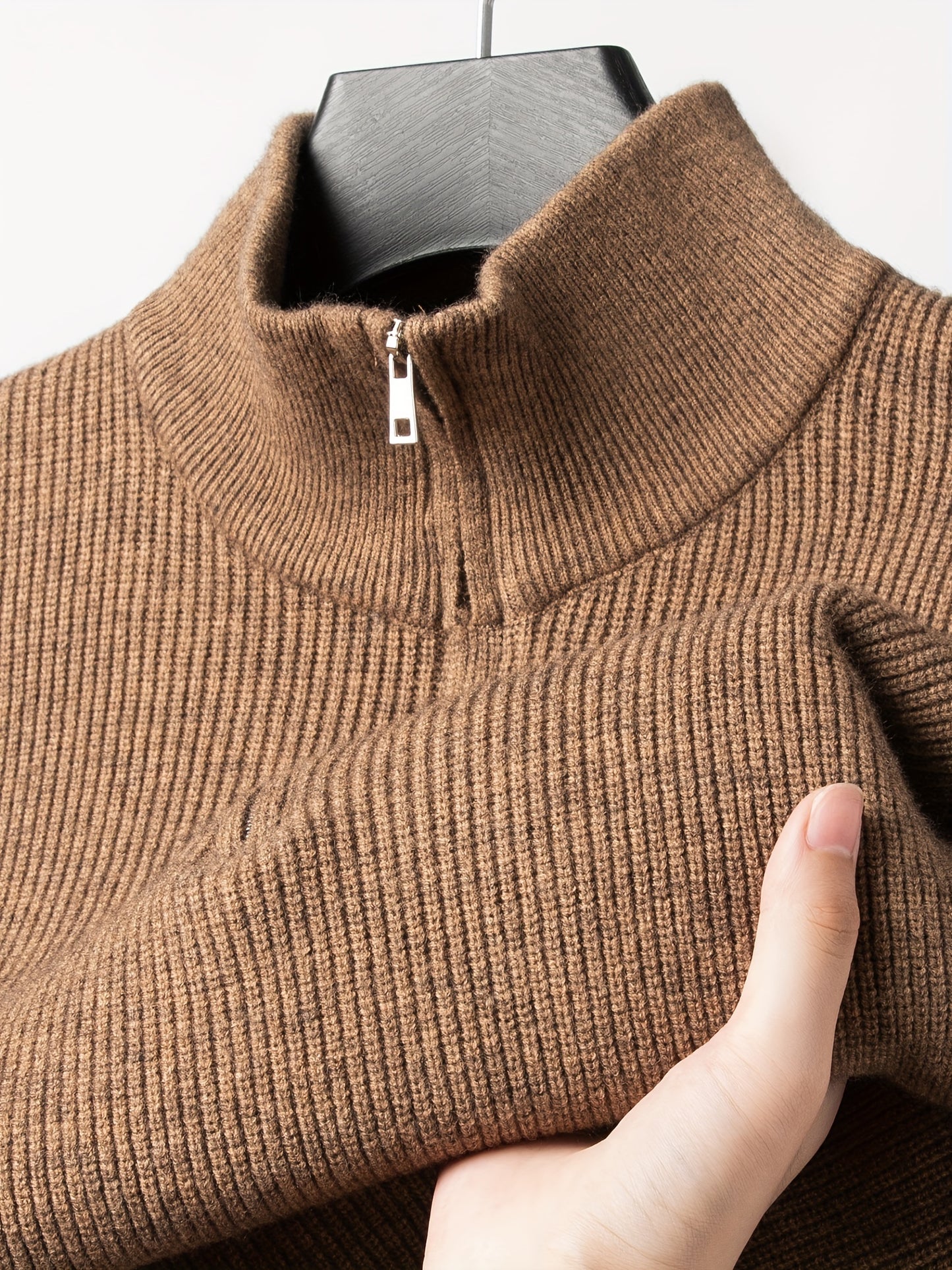 Long Sleeve Men's Solid Knitted Turtle Neck Half Zipper Casual Pullover Sweater For Fall Winter