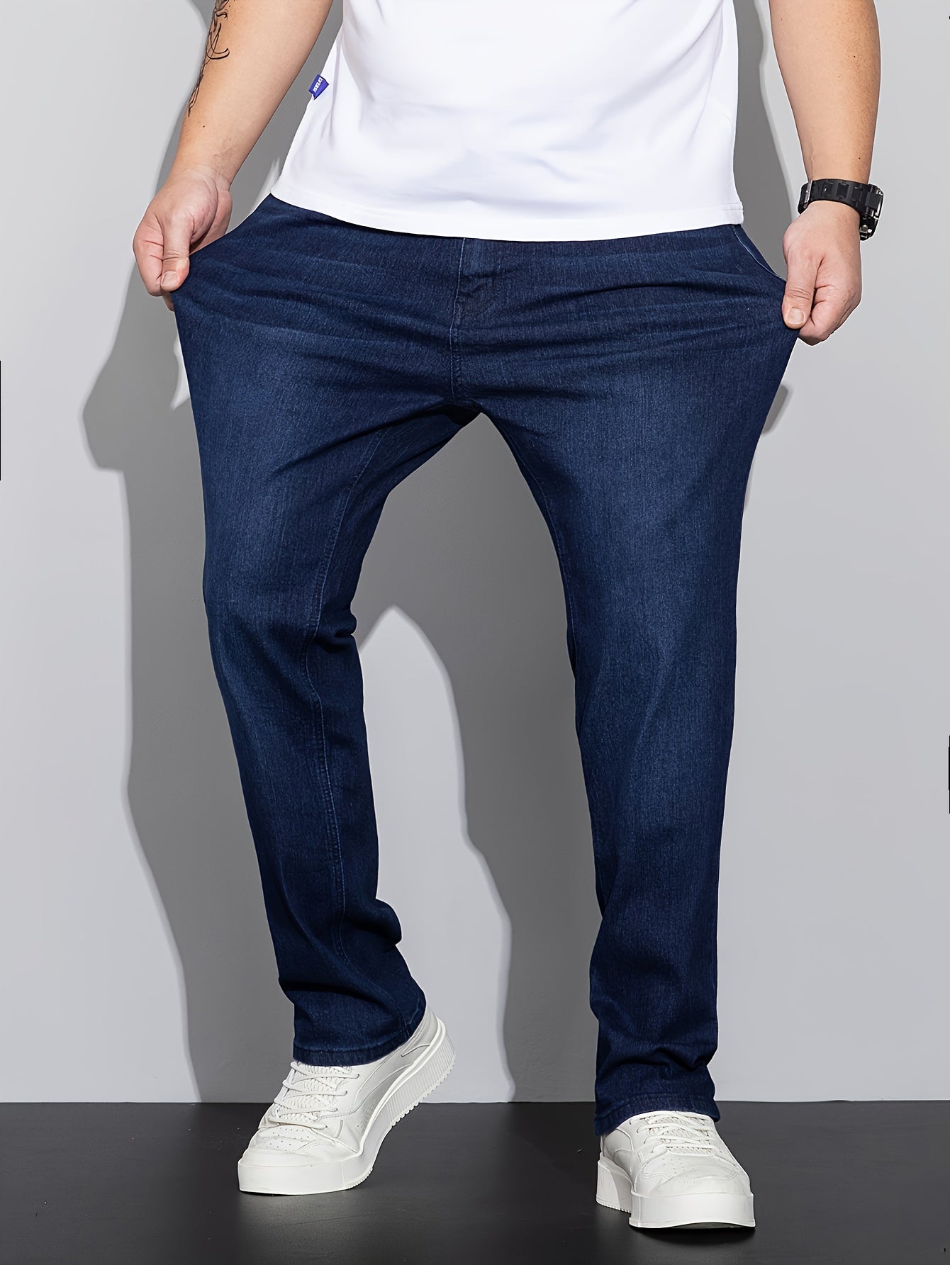 Plus Size Men's Fashionable Solid Denim Pants - Trendy Casual Street Style Jeans with Comfortable Fit, Stretchy Fabric, and Classic Five-Pocket Design for Spring and Fall Seasons