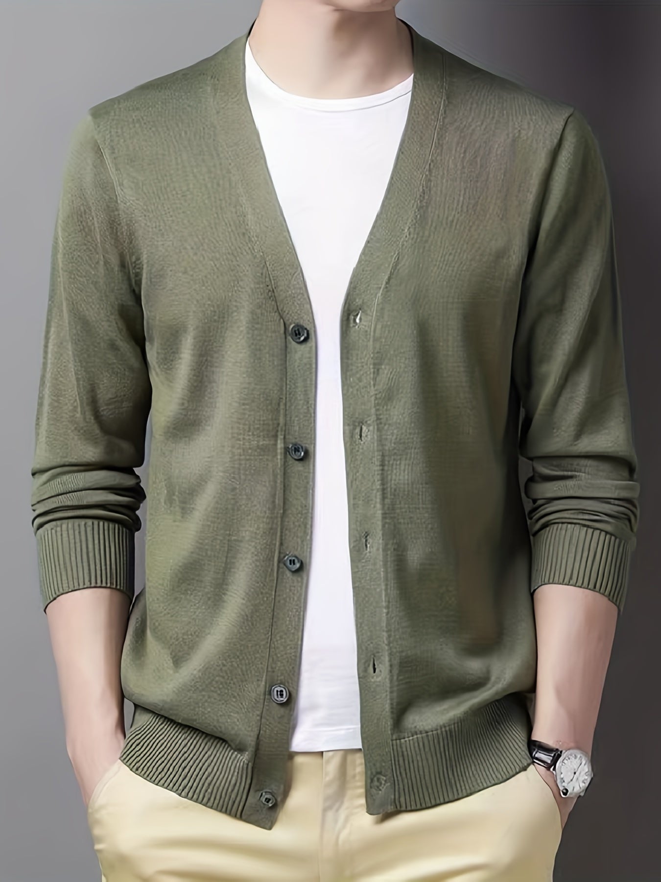 Men's V-neck Casual Cardigan, Plain Thermal Regular Fit Knit Sweater For Spring Autumn