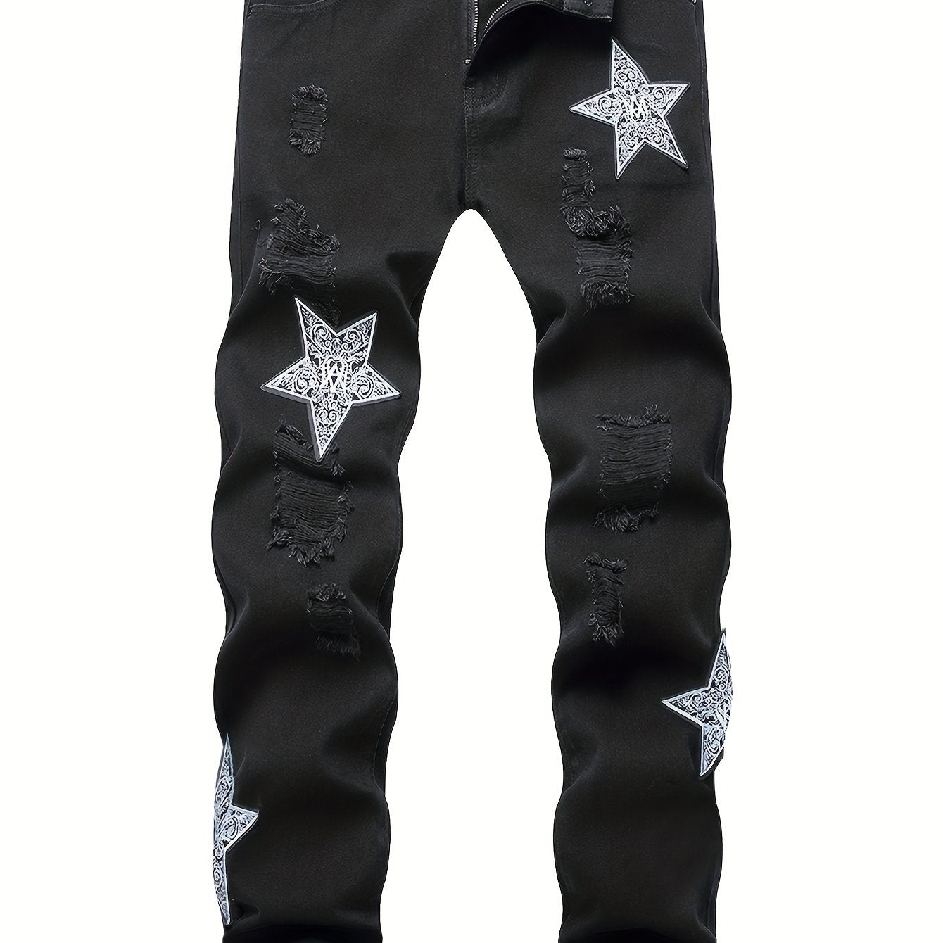 FORUWISH  -  Men's Star Embroidery Jeans, Casual Street Style Ripped Denim Pants