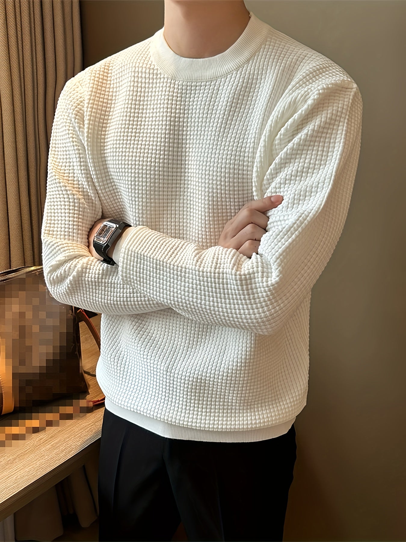 Cozy Crew Neck Sweater for Men - Soft, High-Stretch, Long Sleeve, Casual Knit Pullover for Fall and Winter - Perfect for Everyday Wear