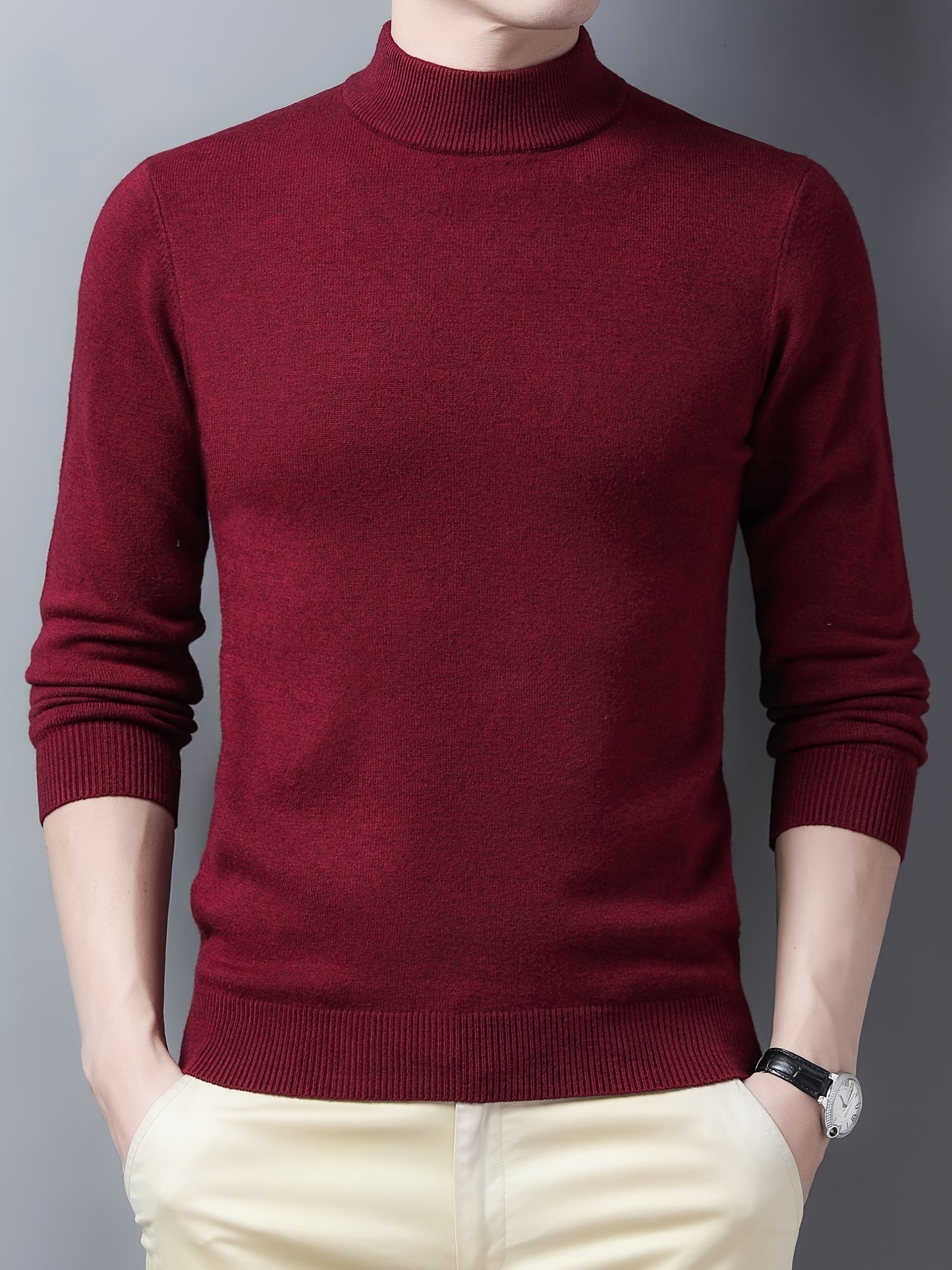 Men's Trendy Solid Knitted Pullover, Casual Mid Stretch Breathable Turtleneck Base Layer For Outdoor Fall Winter