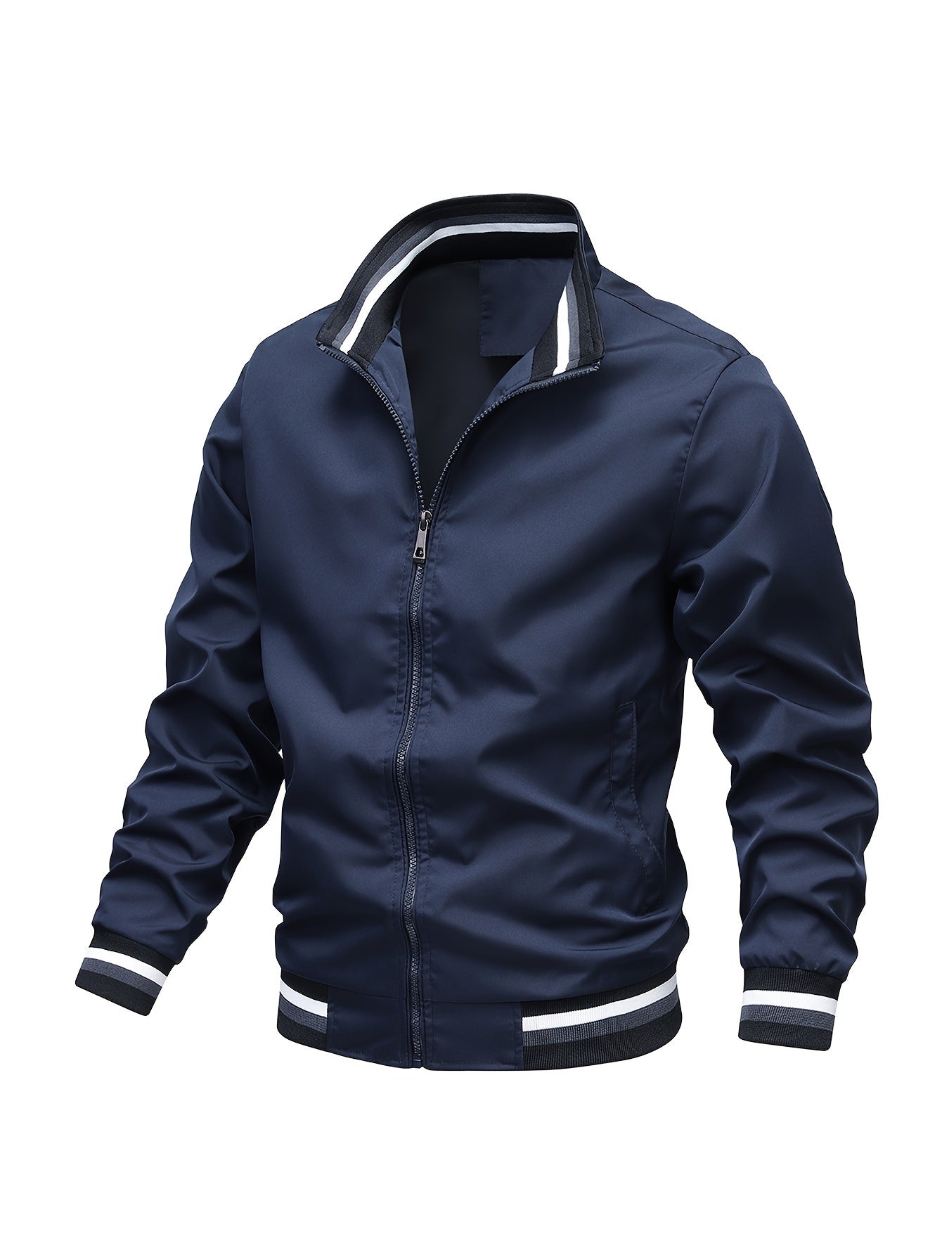 Stripe Edge Bomber Jacket, Men's Casual Stand Collar Zip Up Jacket For Spring Summer Outdoor