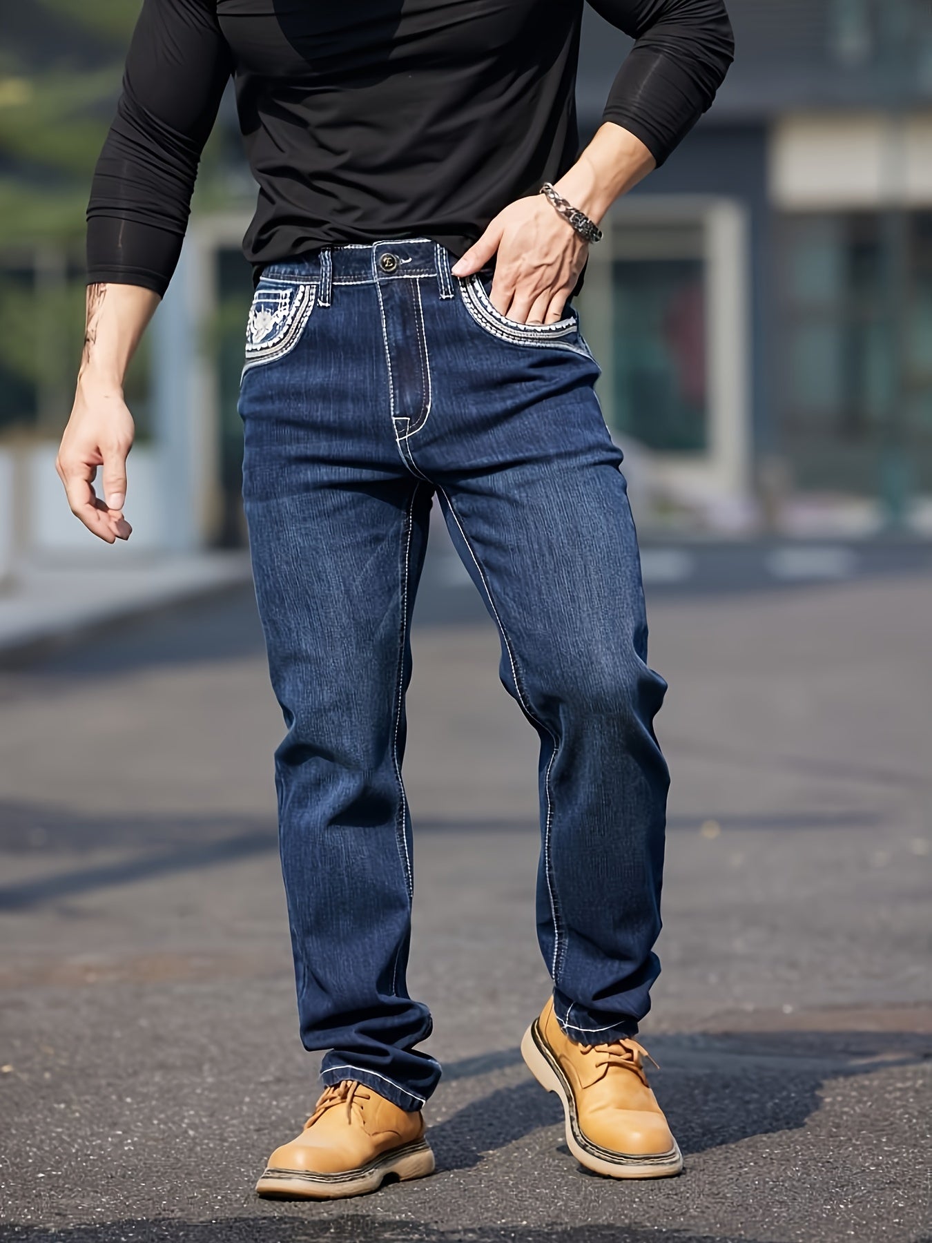 Four-Season Comfy Men's Straight Leg Embroidered Jeans - Fashion Denim Pants with Classic Design, Soft Fabric, and Relaxed Fit - Perfect for Casual Daily Wear