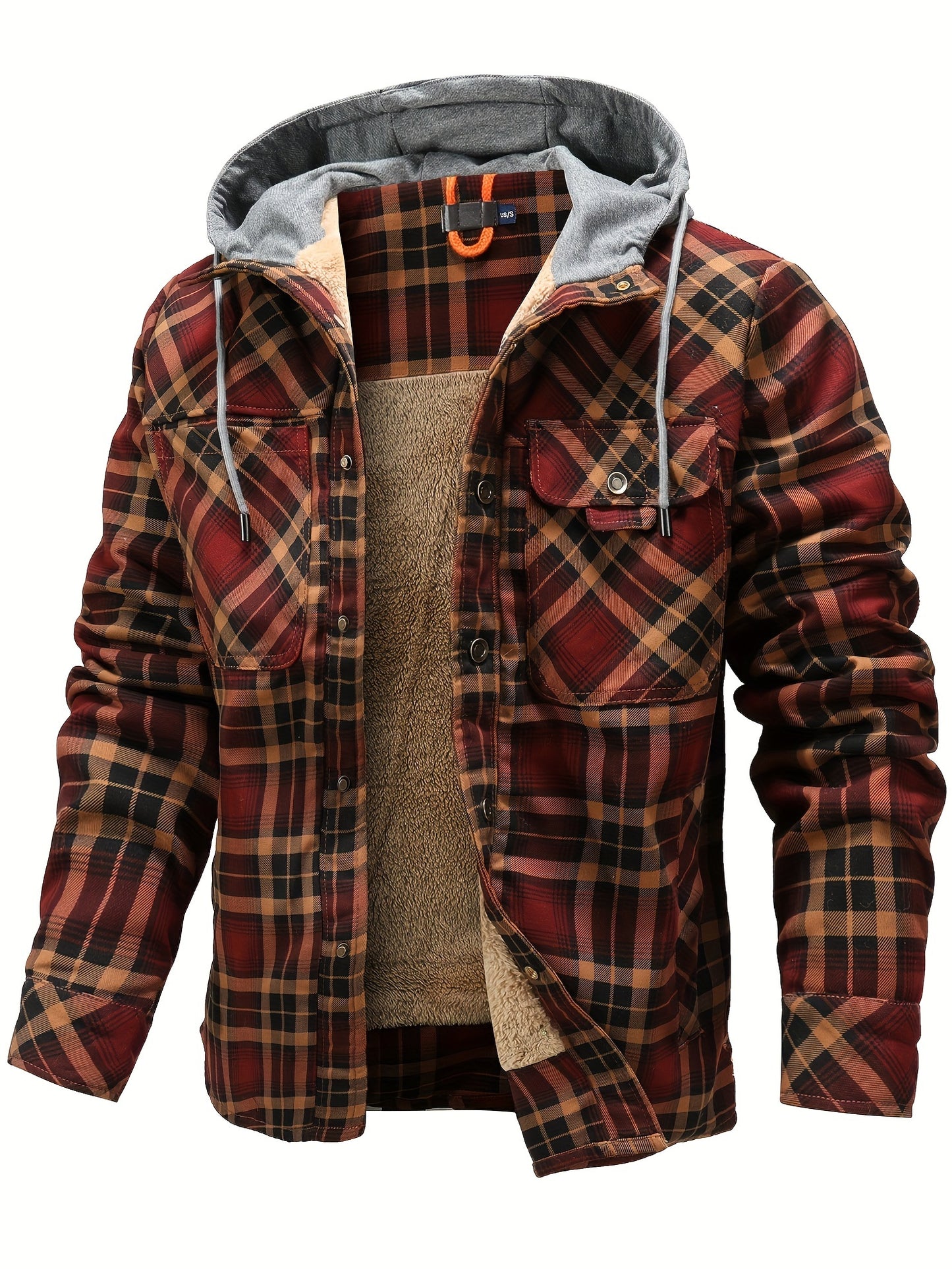 Men's Plaid Sherpa-Lined Hooded Jacket, Casual Style, Button Down Cozy Fleece Winter Coat, Warm Fashion Outerwear