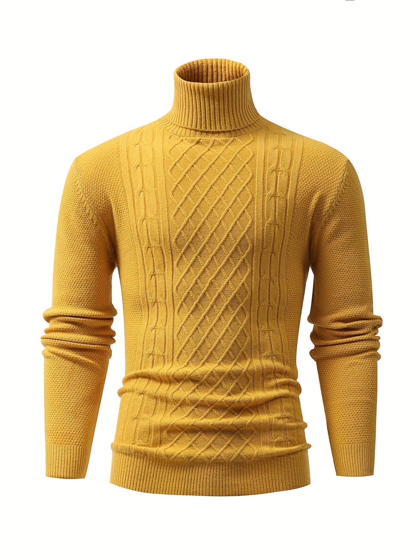 Turtle Neck Knitted Cable Sweater, Men's Casual Warm Solid High Stretch Pullover Sweater For Fall Winter