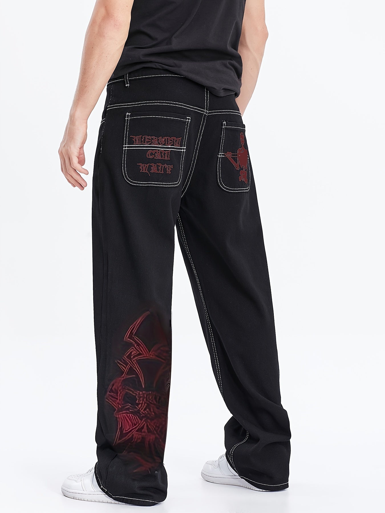 Men's Stylish Wide-Leg Jeans with Embroidered Detail - Loose Fit, Cotton Blend, Machine Washable - Black & Red Contrast