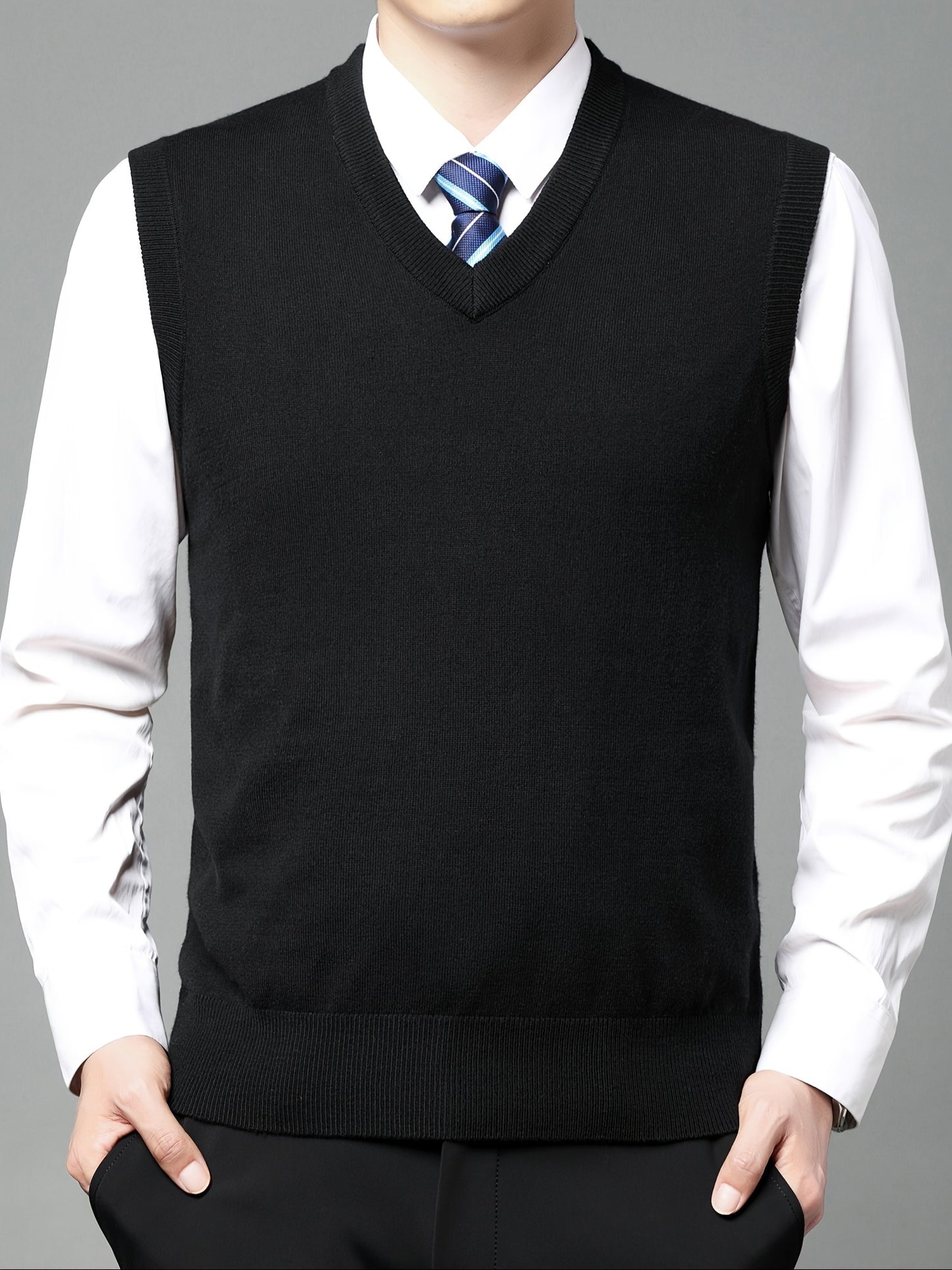 Elegant Slightly Stretch Vest, Men's Casual Vintage Style V Neck Sweater Vest For Fall Winter