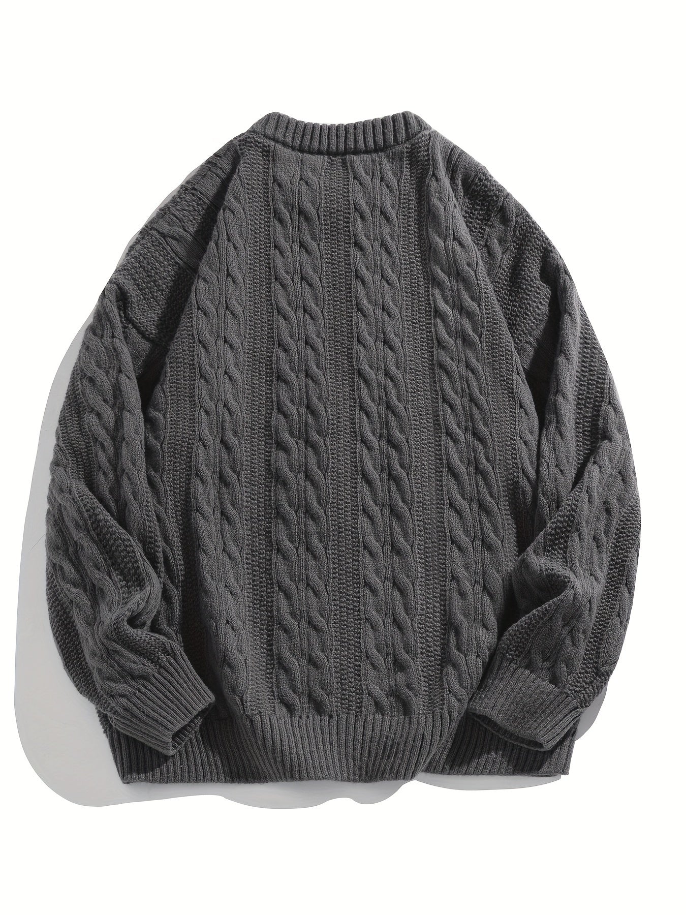 Cozy Men's Loose Fit Solid Color Cable Knit Sweater - Round Neck Pullover for Spring/Fall