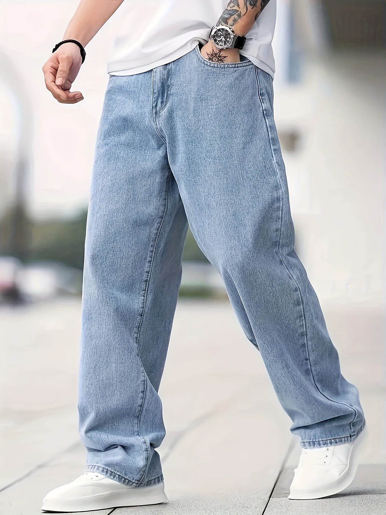 Summer Stylish Men's Solid Denim Pants For Daily Life, Casual Wide Leg Jeans