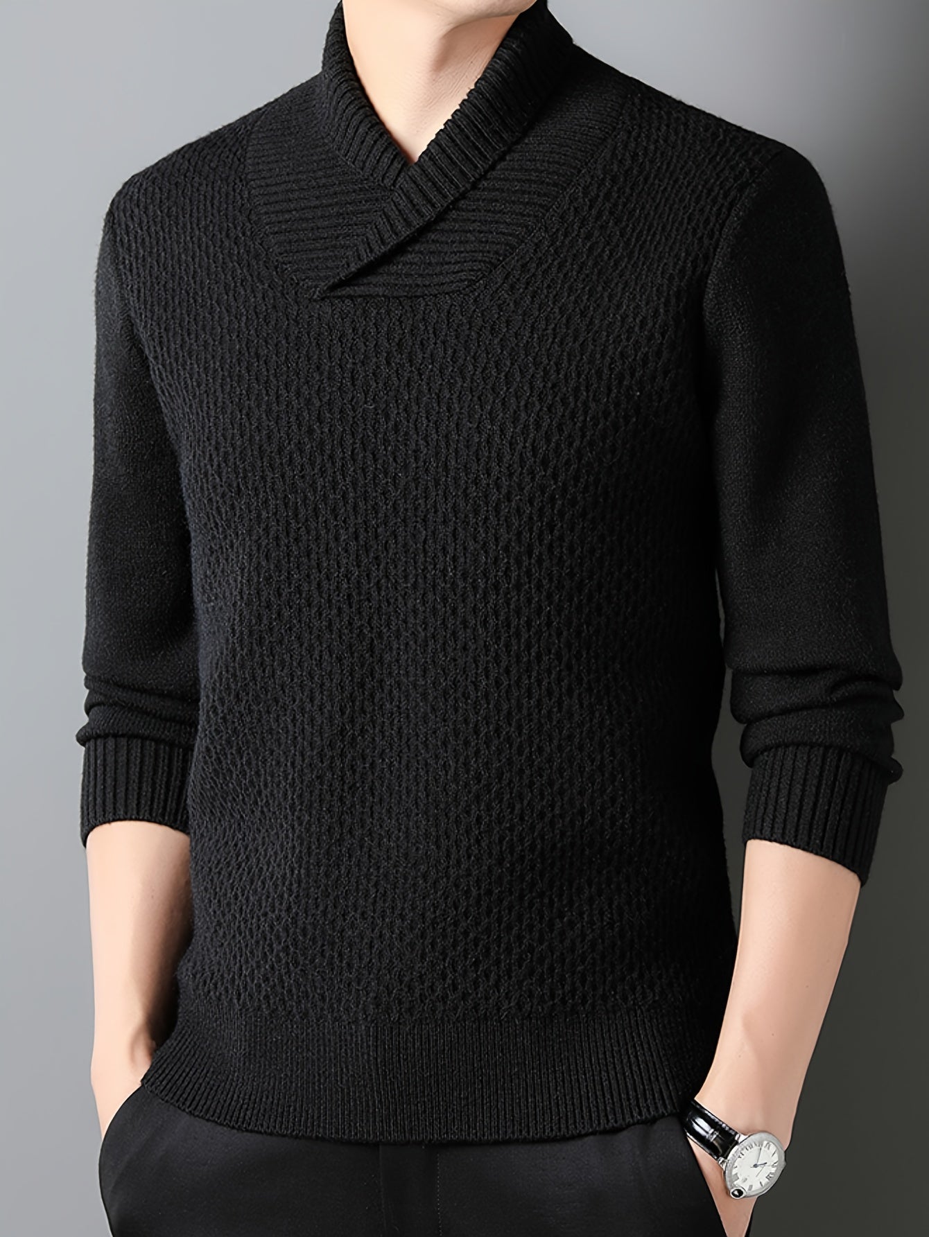 Men's Solid Knitted Pullover, Casual Long Sleeve Lapel Sweater For Fall Winter