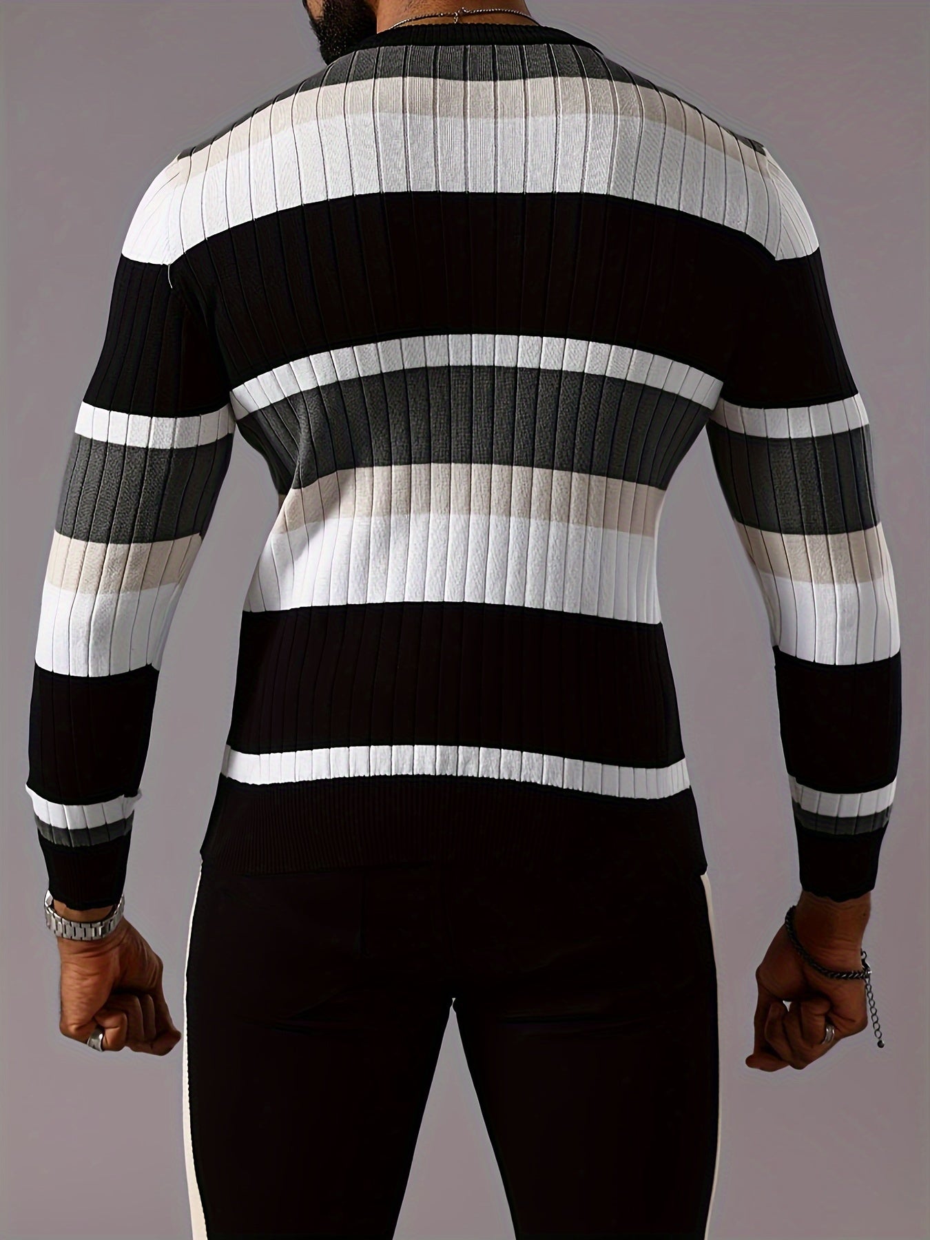 Men's Color Block Knitted Pullover, Casual Long Sleeve Crew Neck Sweater For Fall Winter