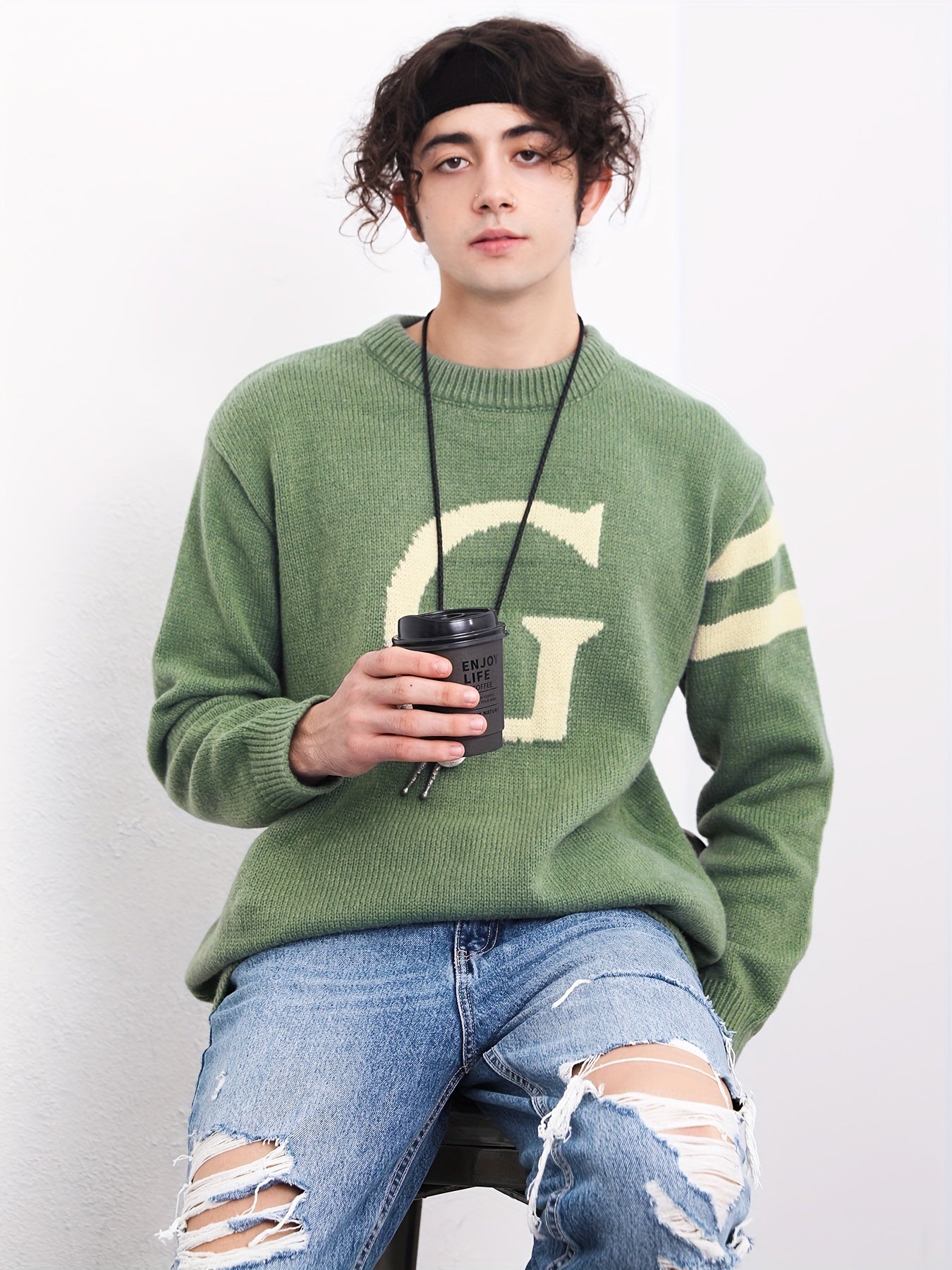 Men's ''G'' Pattern Sweater, Warm Trendy Knit Pullover