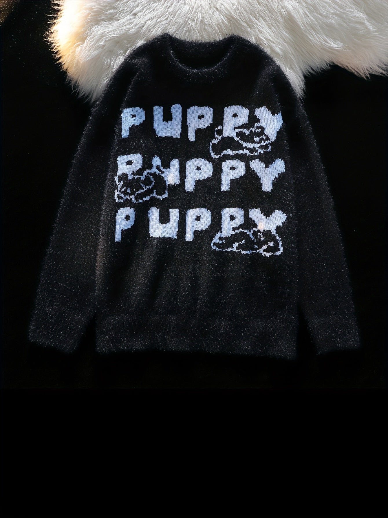 Casual Polyester Knit Sweater with Cartoon Puppy Print - Crew Neck, Medium Stretch, Loose Fit Pullover for Adults - Fall/Winter Season Color Block Alphabet Pattern Jumper