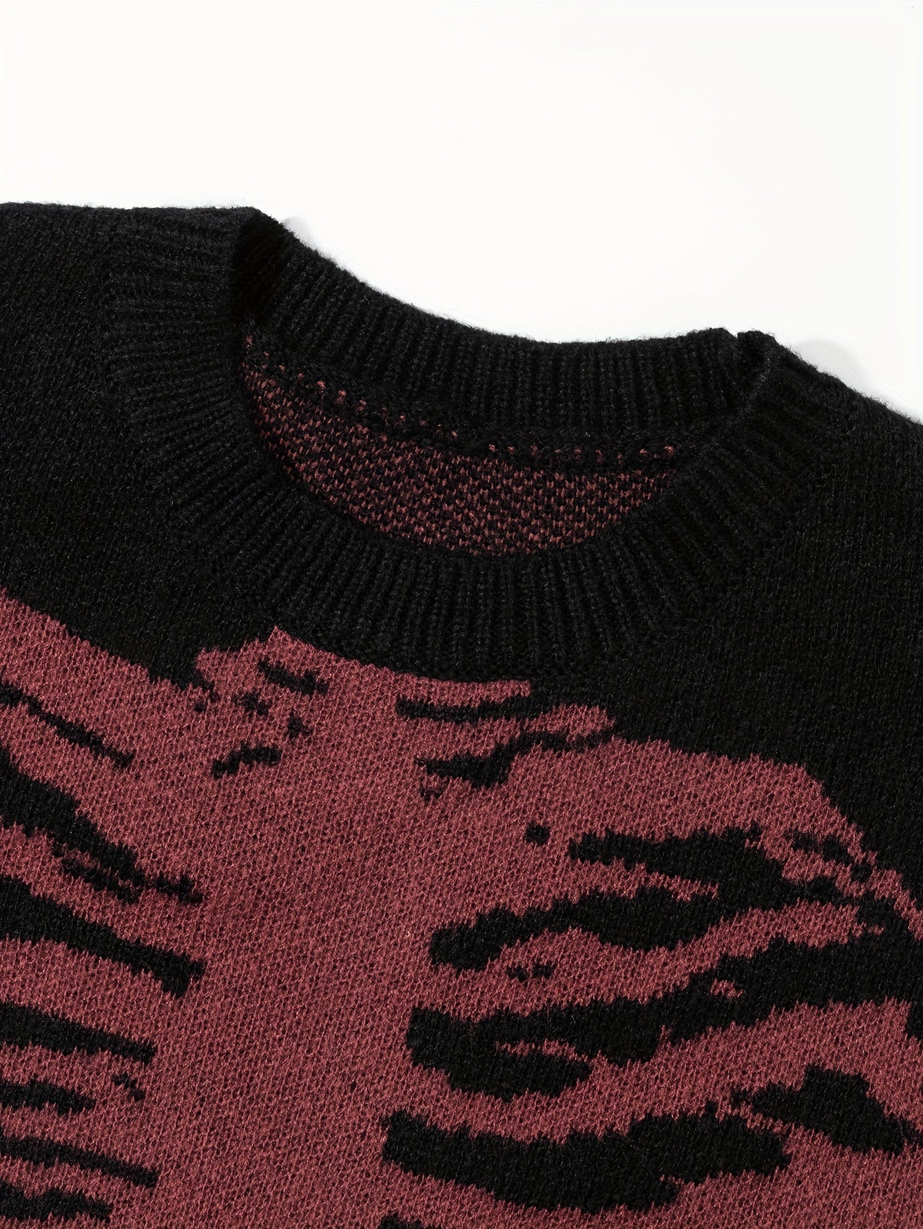 Skeleton Pattern Knitted Sweater, Men's Casual Warm Mid Stretch Crew Neck Pullover Sweater For Men Fall Winter