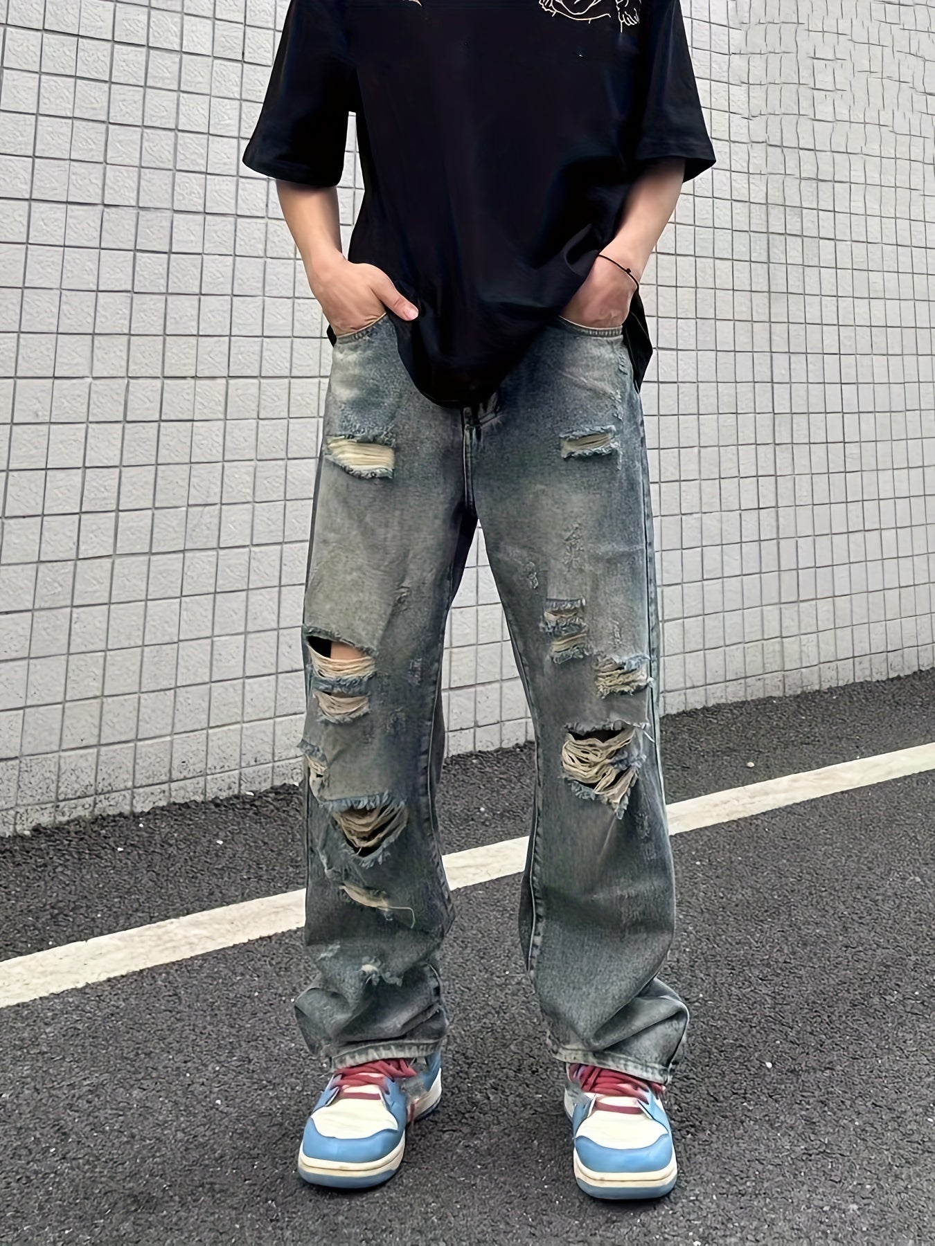 Baggy Ripped Cotton Jeans, Men's Casual Street Style Distressed Denim Pants For Spring Summer K-pop