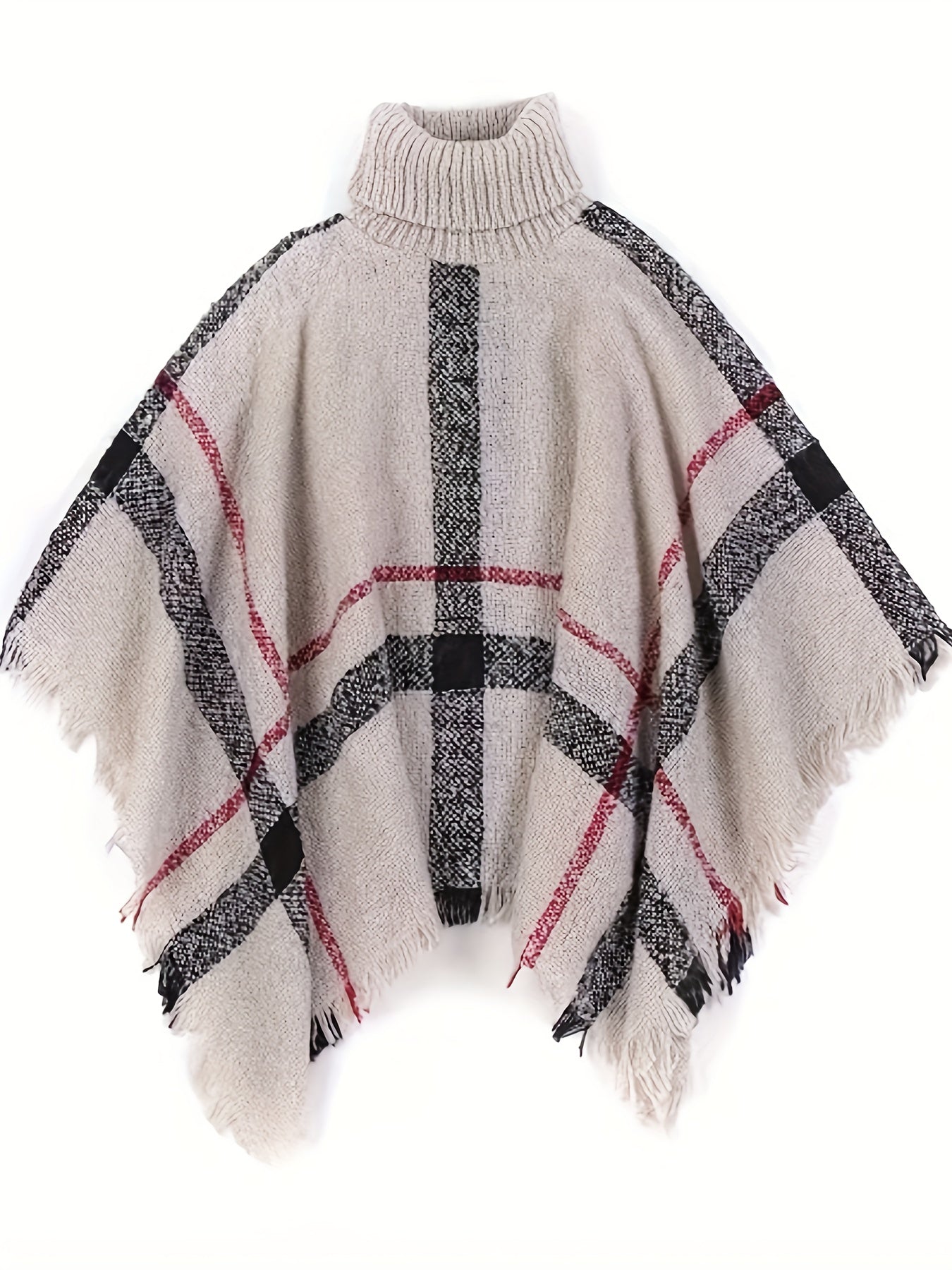 Men's Classic Plaid Turtleneck Sweater with Fringe - Casual Pullover Cape Shawl for Fall/Winter, Soft Acrylic