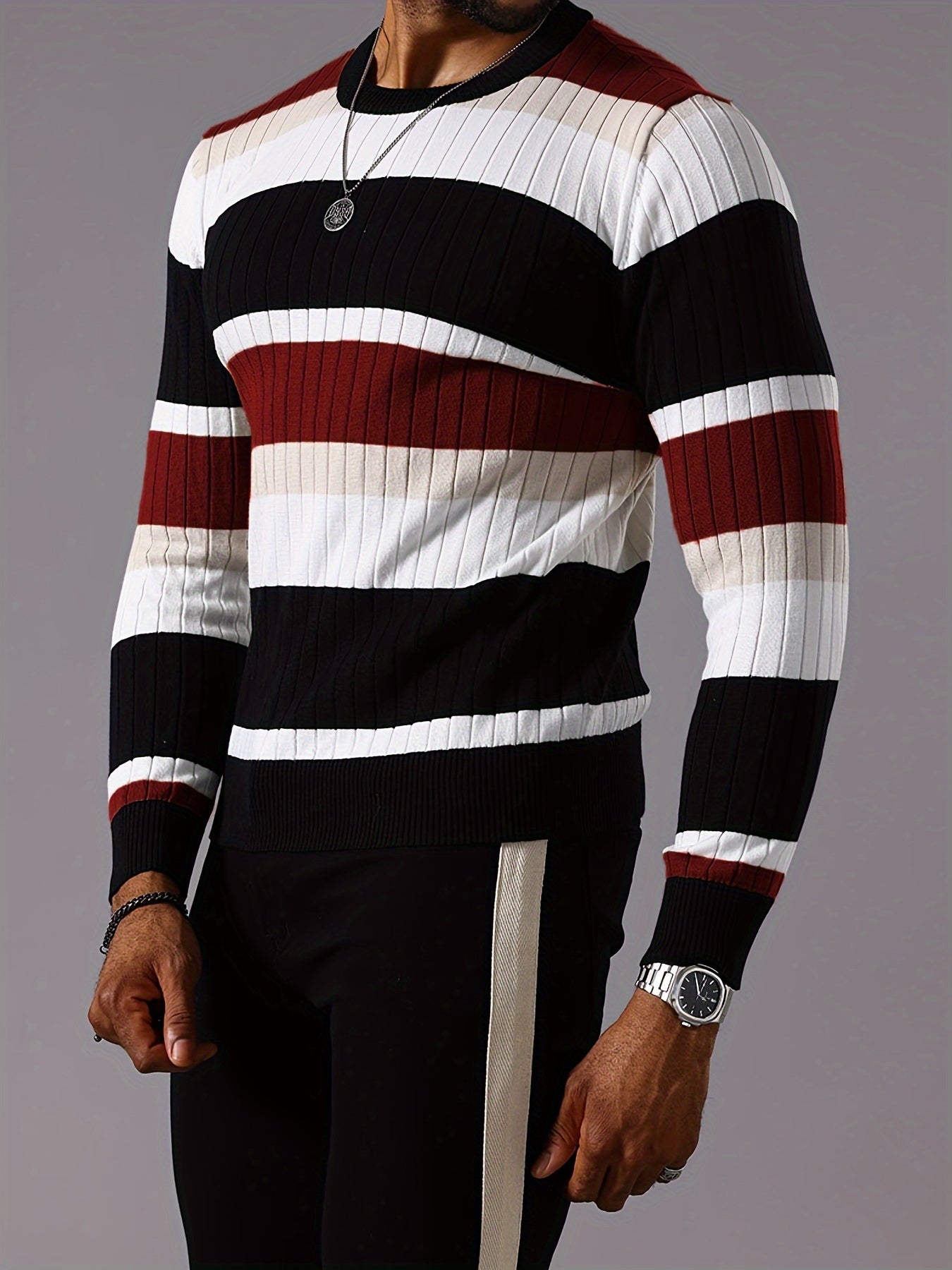 Men's Color Block Knitted Pullover, Casual Long Sleeve Crew Neck Sweater For Fall Winter