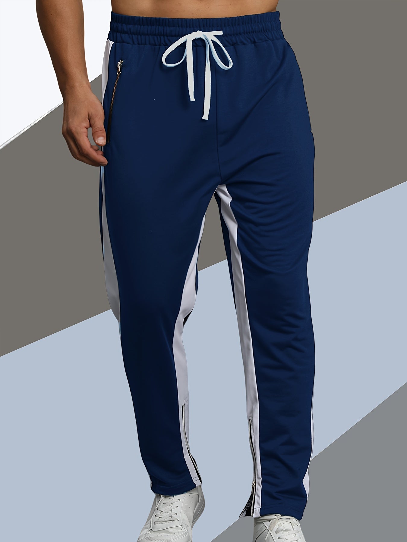 FORUWISH  -  Men's Street Style Color Block Joggers, Men's Street Style Stretch Zipper Pockets Track Pants Tapered Pants