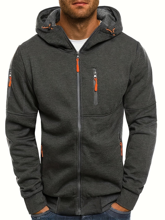 Mens Regular Fit Hooded Long Sleeve Solid Color Polyester Casual Sweatshirt with Zip Up Closure, Pockets, and Slight Stretch for Outdoor Sports