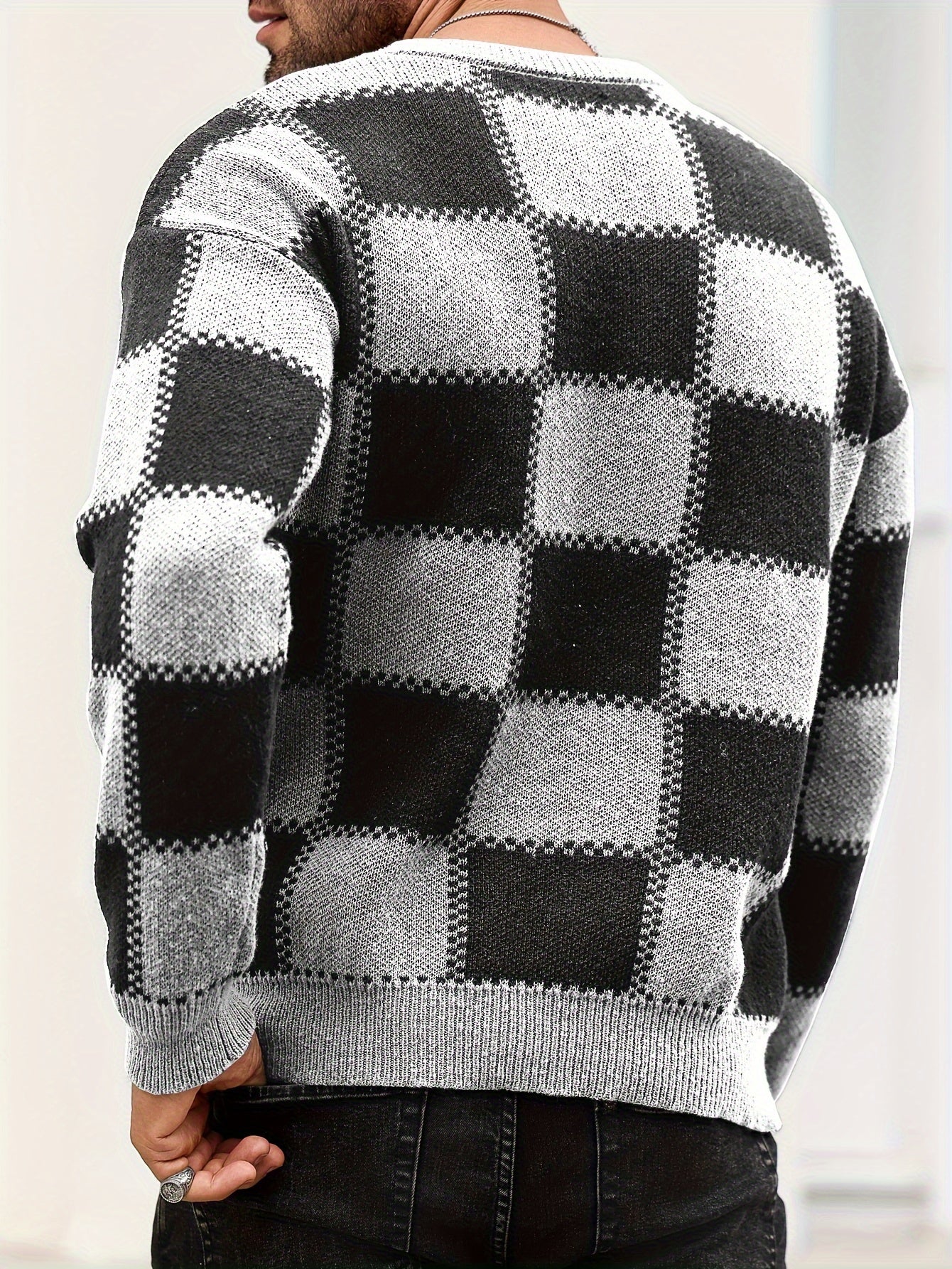 Men's Color Blocking Textured Checked Print Casual Trendy Sweater, Long Sleeve Pullover As Gift For Fall And Winter