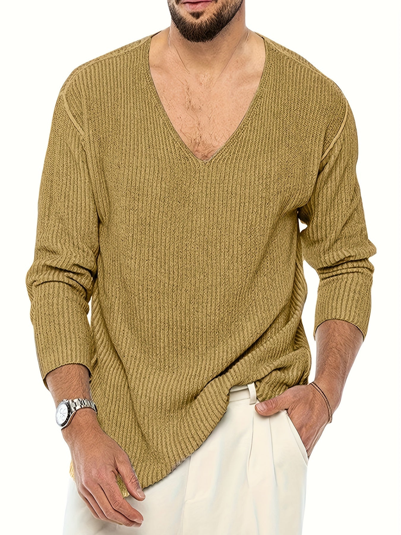 Plus Size Men's V-Neck Sweater - Cozy Knit Pullover for Spring & Fall, Stylish Casual Wear for Outdoor Comfort & Easy Layering