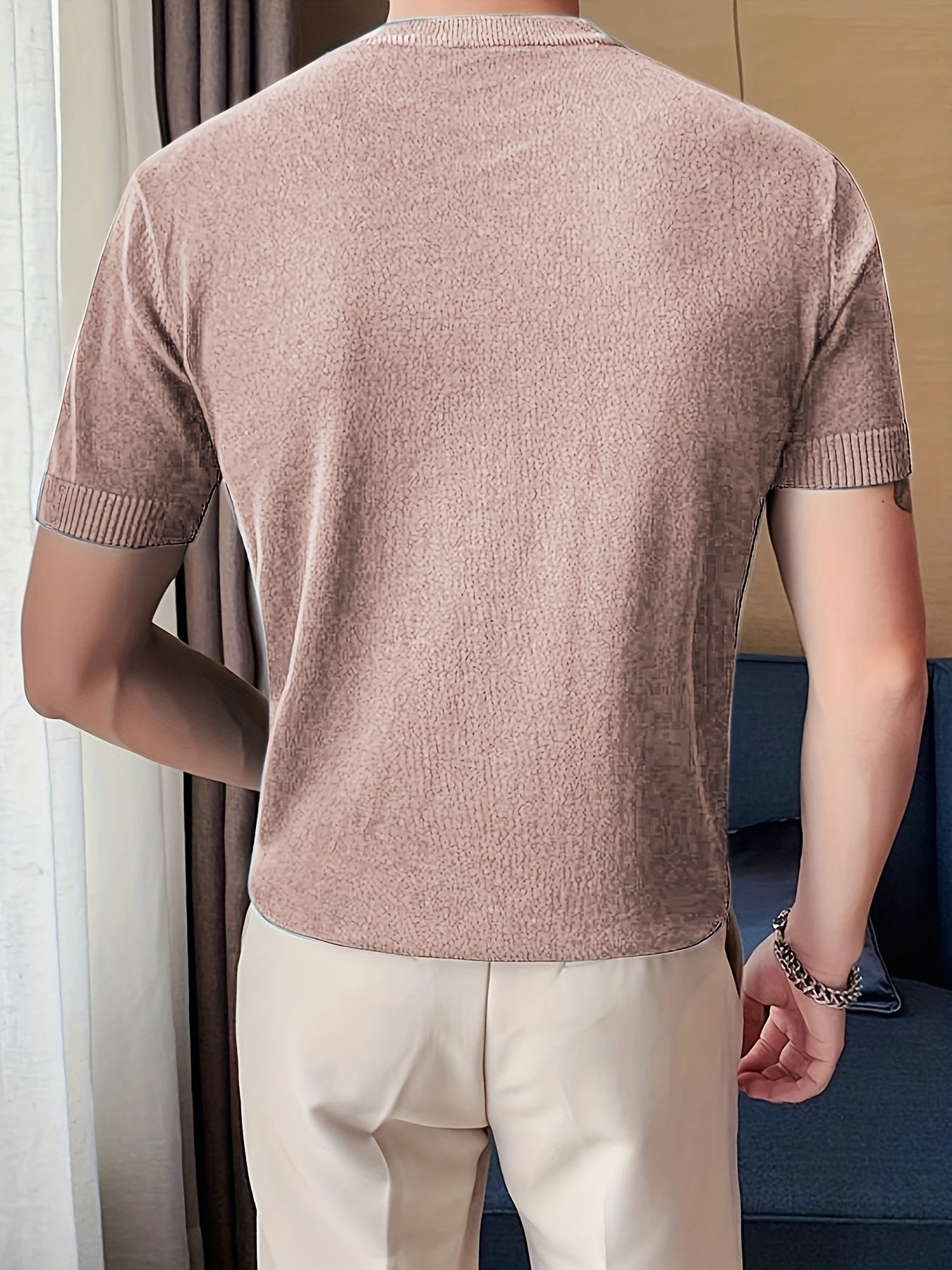 Chic Knit Short Sleeve Shirt, Men's Casual Mid Stretch Crew Neck Pullover Sweater For Spring Fall