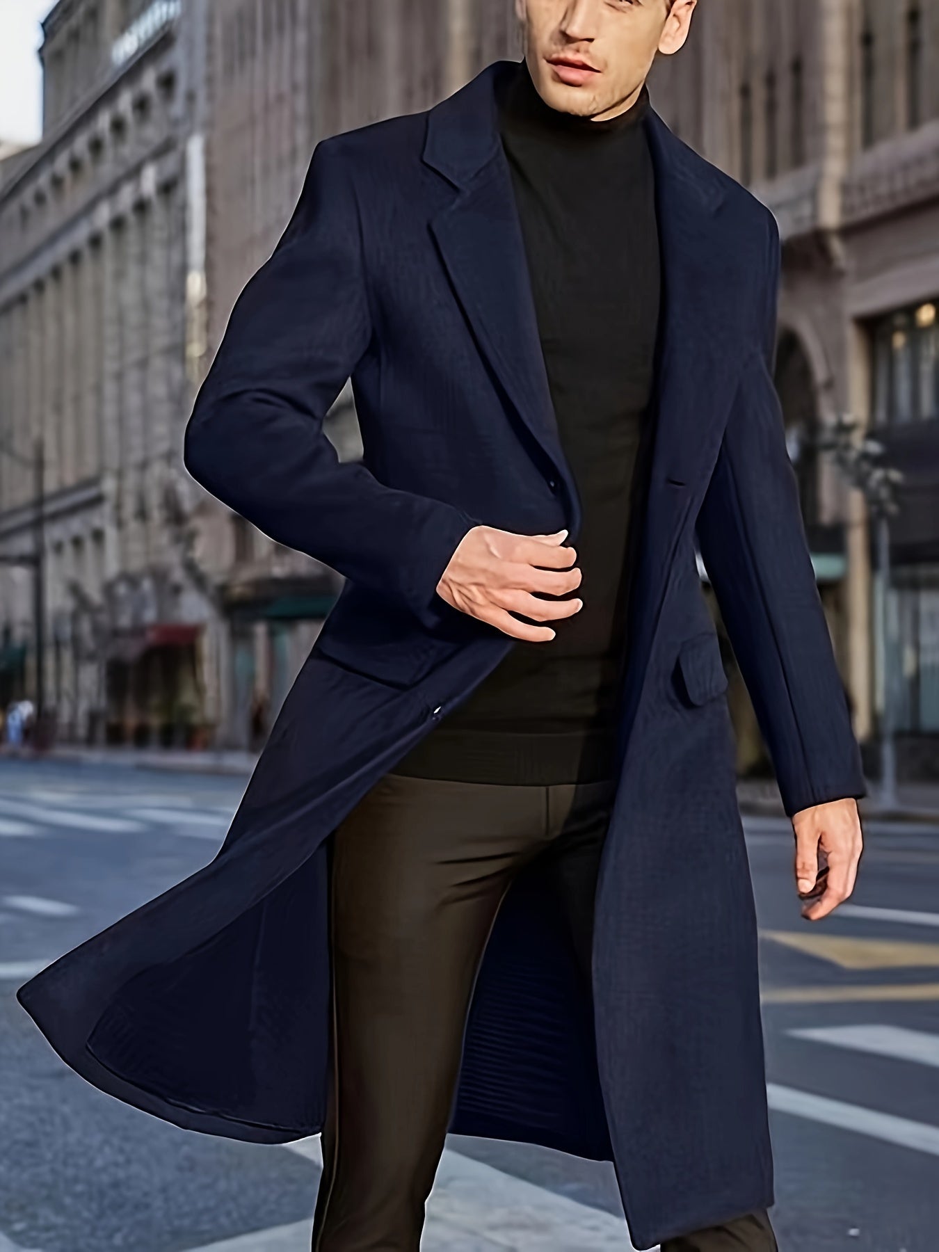 Elegant Retro Trench Coat, Men's Semi-formal Single Breasted Lapel Overcoat For Fall Winter Business