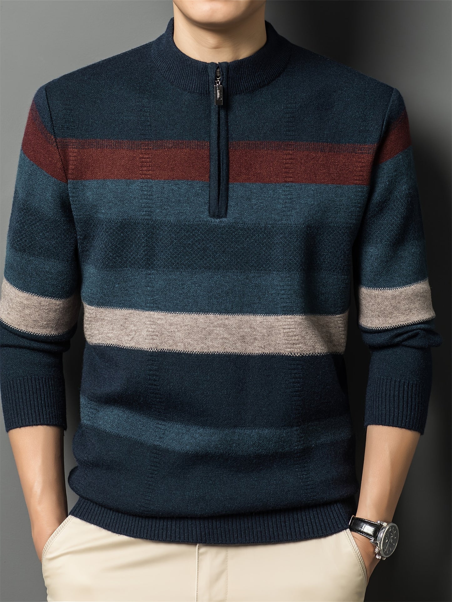 Cozy Mens Striped Knit Sweater - Fashionable Half-Zip Pullover with High Stretch - Perfect for Fall Winters Versatile Style