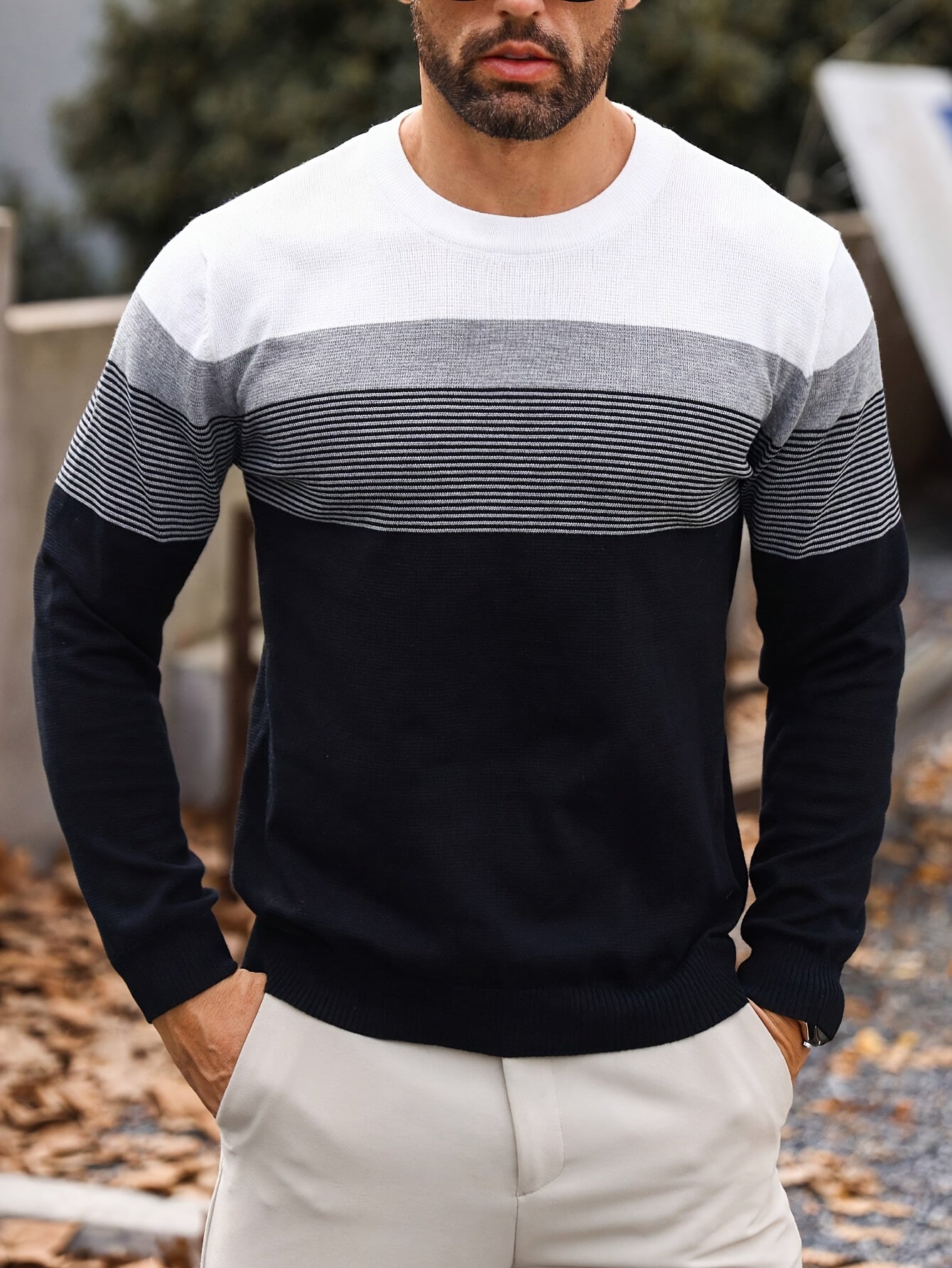 Men's Classic Color Block Stripe Knit Crew Neck Long Sleeve Sweater - Soft, Breathable, and Warm Outerwear for Daily Wear - Perfect for Casual Occasions and Outdoor Activities